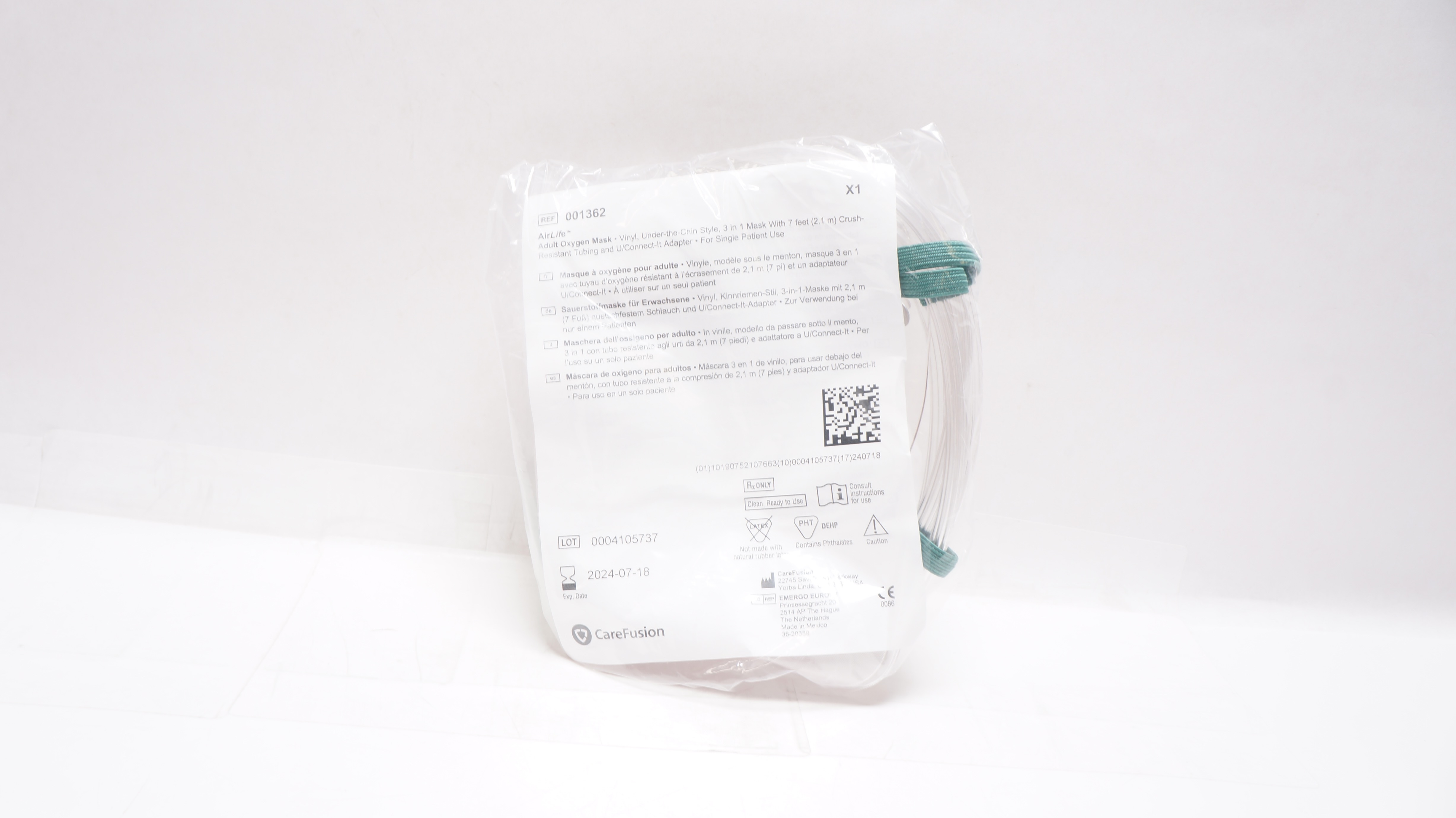 CareFusion 001362 AirLife Adult Oxygen Mask Vinyl, 7 feet Crush-Resistant Tubing