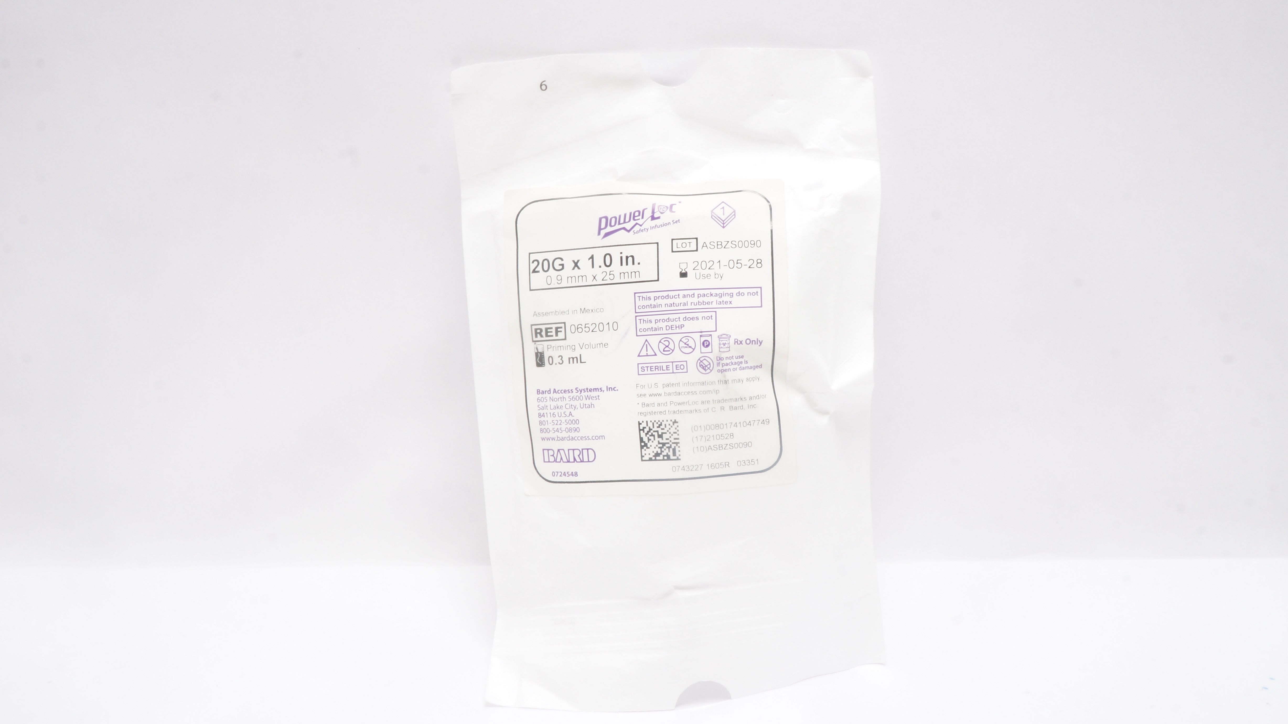 Bard 0652010 PowerLoc Safety Infusion Set 20G x 1inch, Prim. Vol. 0.3mL (x)