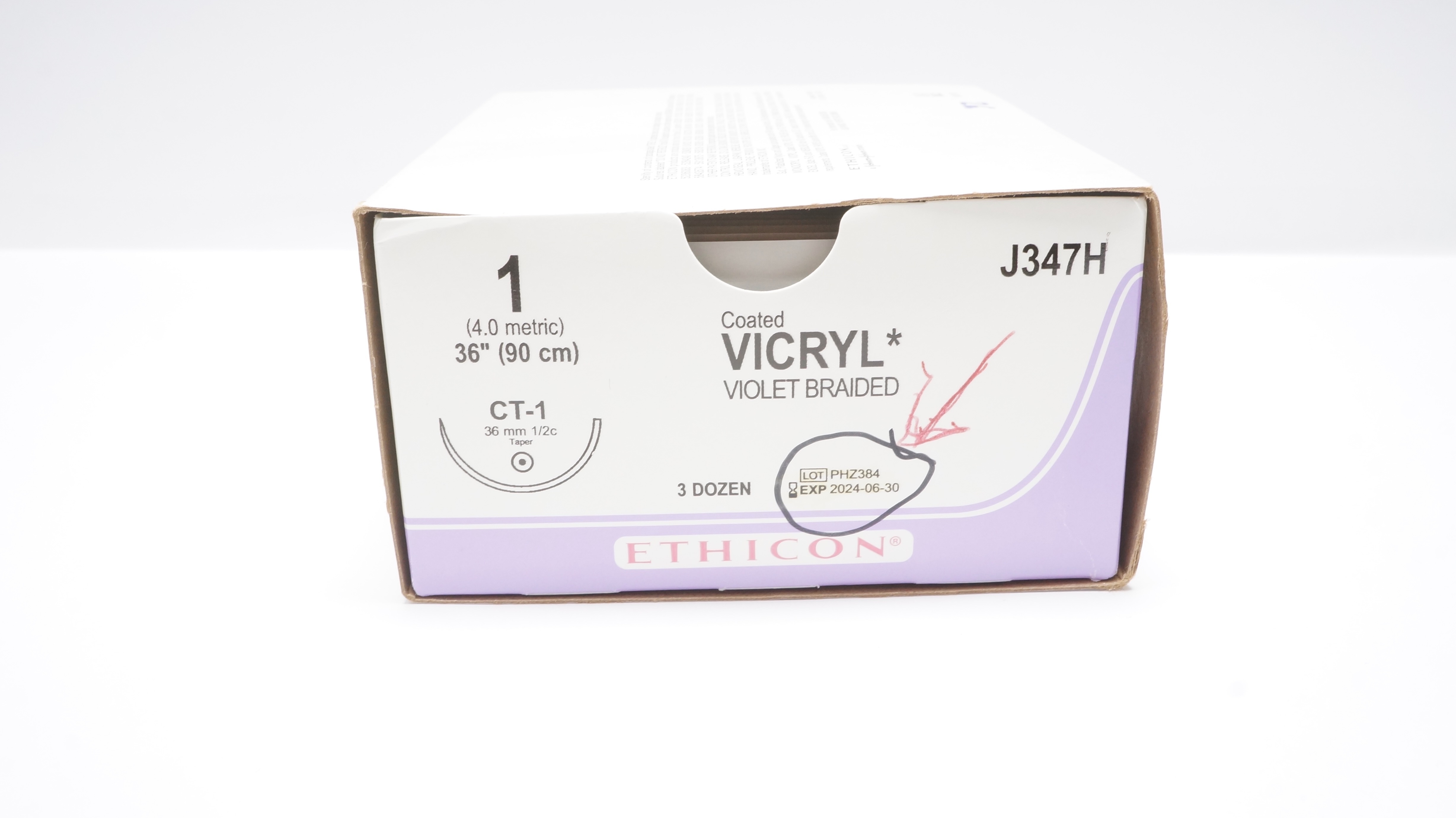 Ethicon J347H 1 Coated VICRYL Stre CT-1 36mm 1/2c Taper, 36inch - Box of 26 (x)