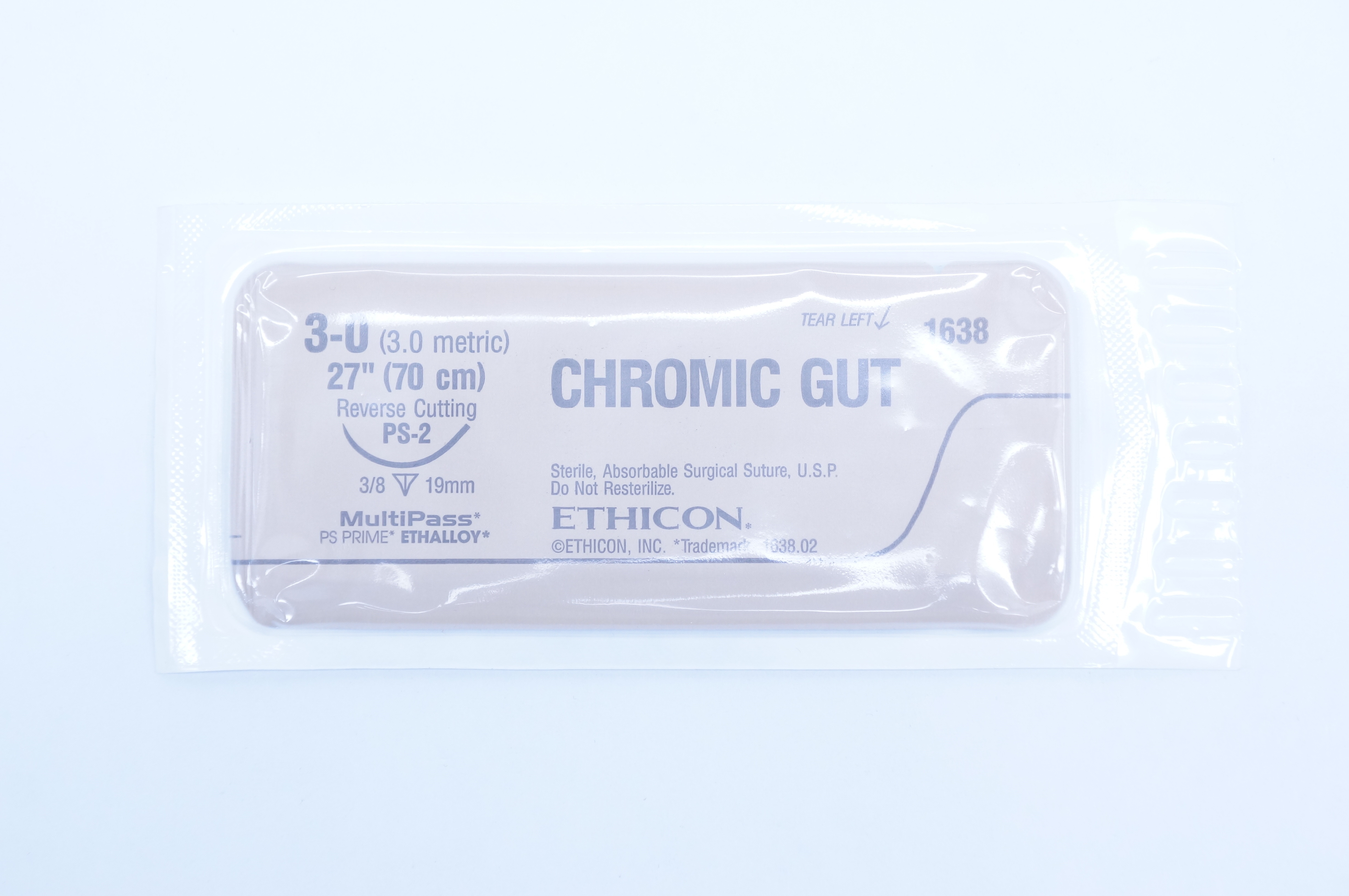 Ethicon 1638 3-0 Chromic Gut PS-2 19mm 3/8c Reverse Cutting, 27inch (x)
