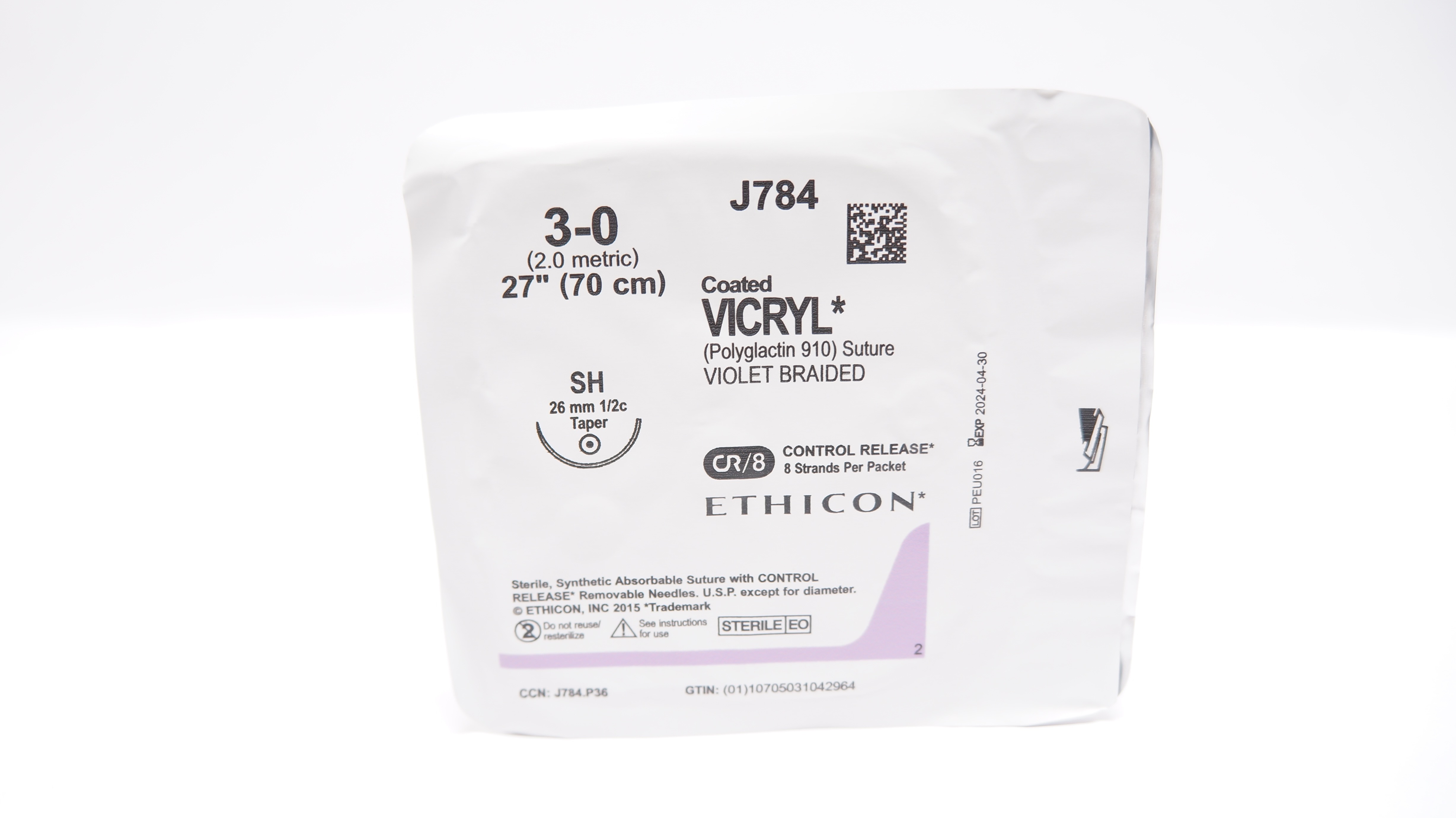 Ethicon J784 3-0 Coated Vicryl, SH, 26mm 1/2c Taper, 27inch