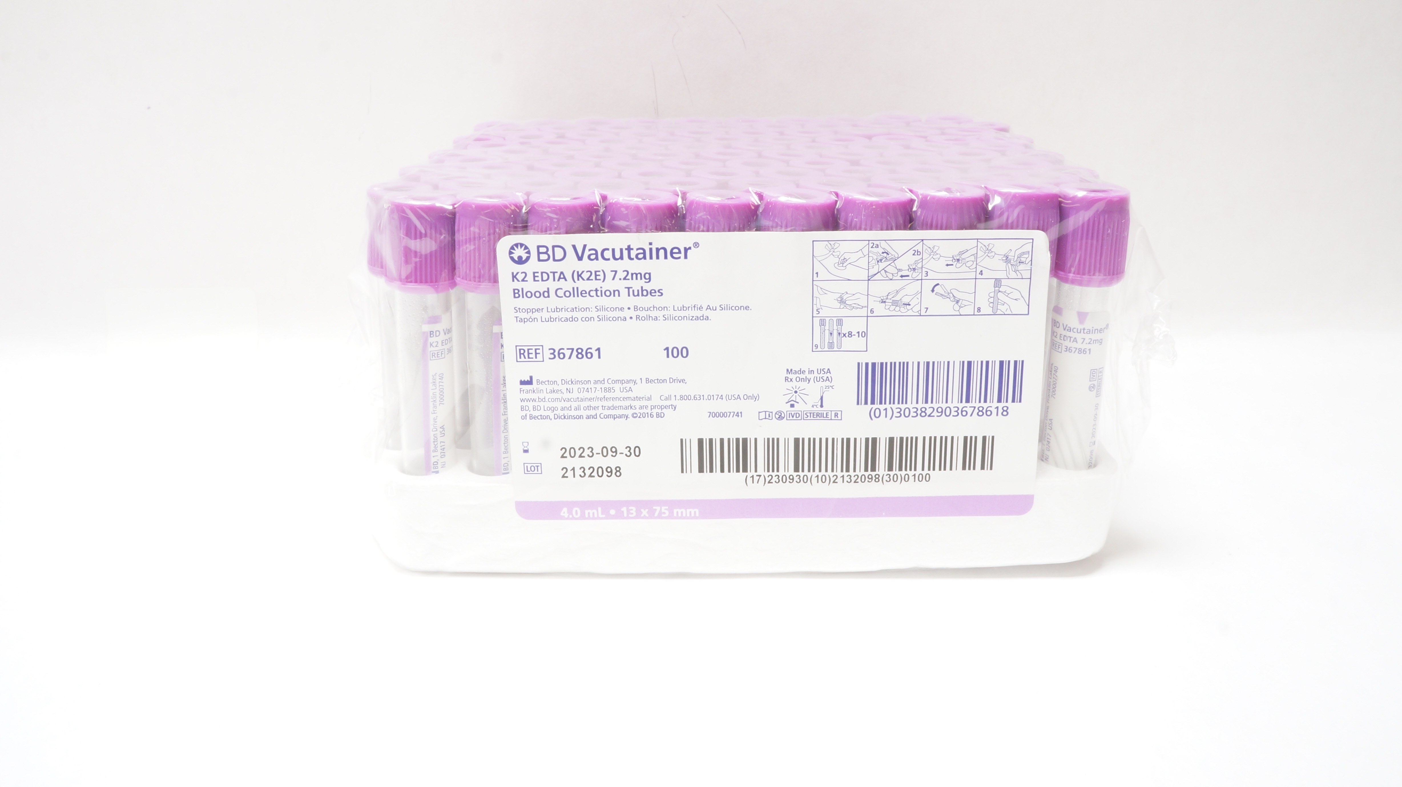 BD 367861 Vacutainer K2 EDTA 7.2mg Blood Collection Tubes - Pack of 100