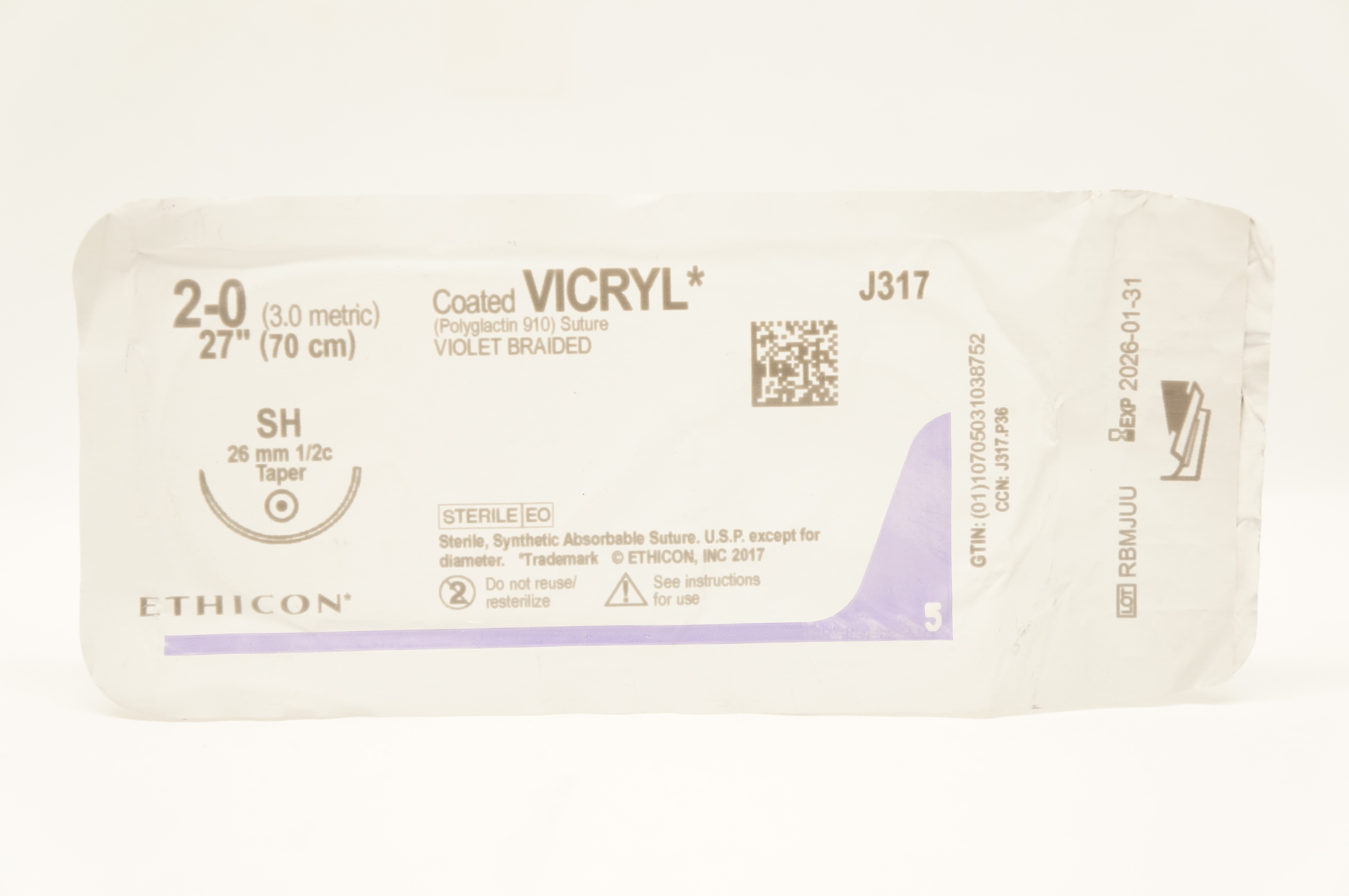 Ethicon J317 2-0 Coated VICRYL, SH 26mm 1/2c Taper, 27inch