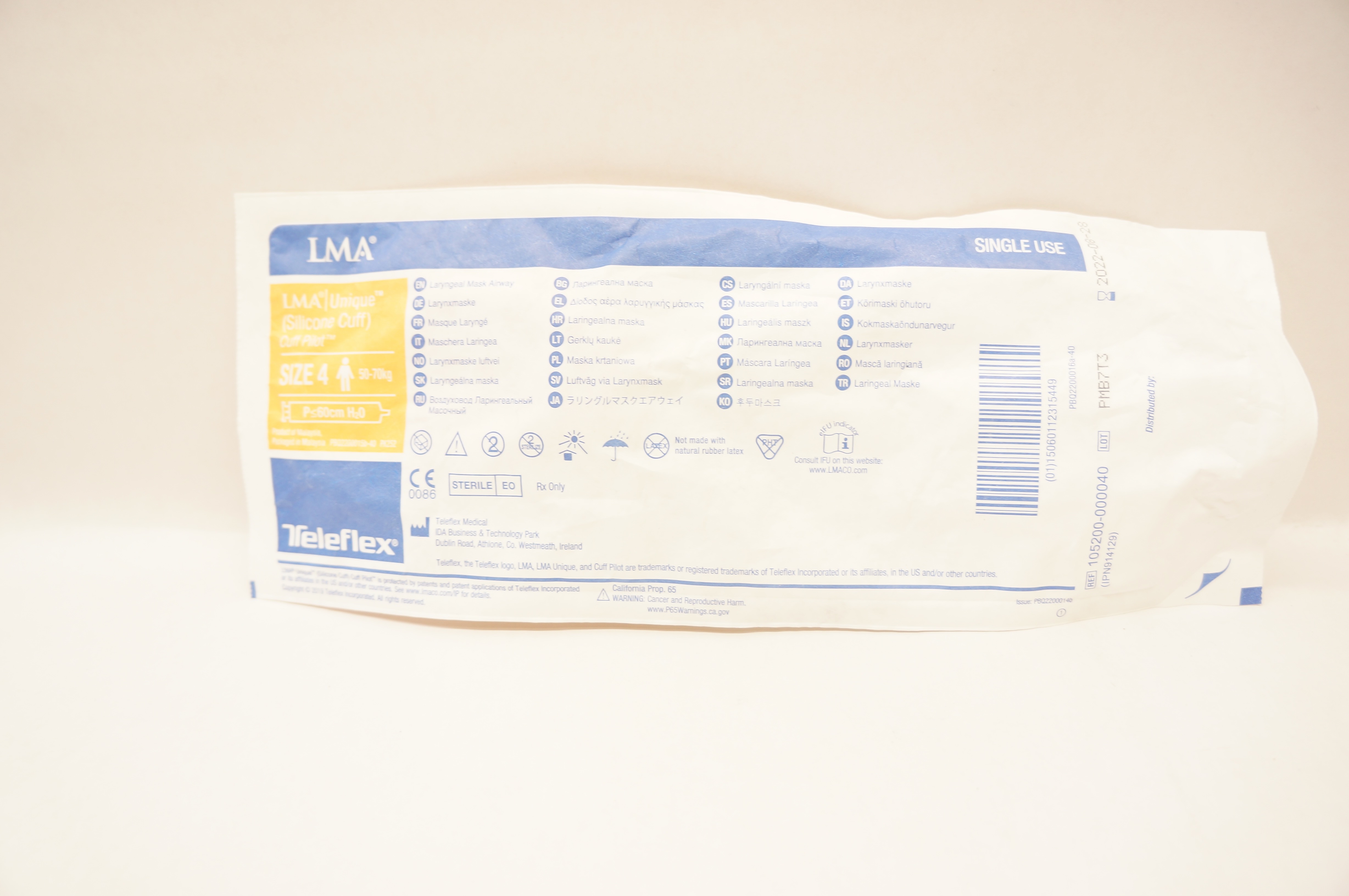 Teleflex 105200-000040 LMA Unique Cuff Pilot Laryngeal Mask, Size 4 50-70kg (x)