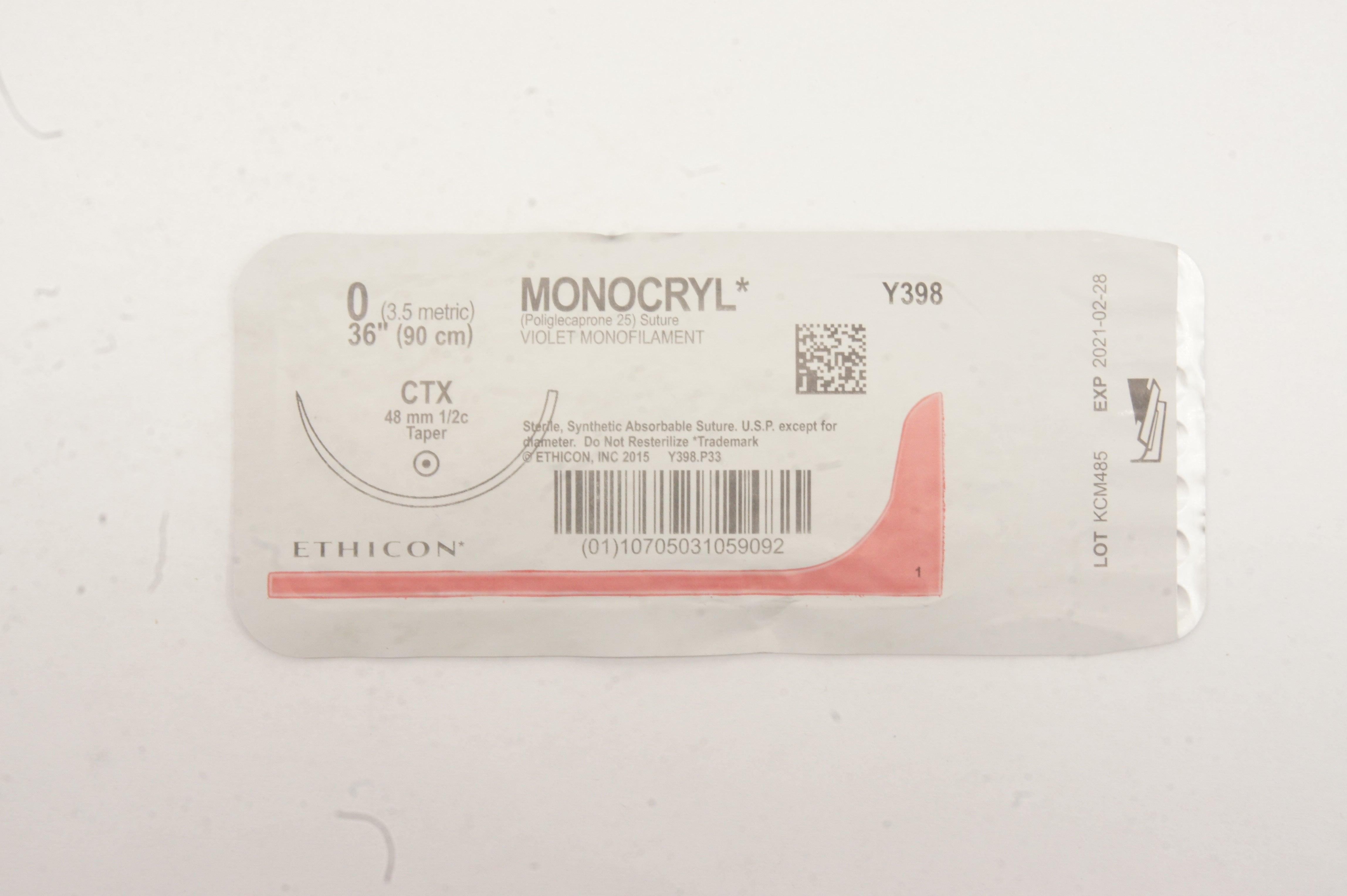 Ethicon Y398 Monocryl 0 36inch CTX 48mm 1/2c Taper Violet Monofilament (x)