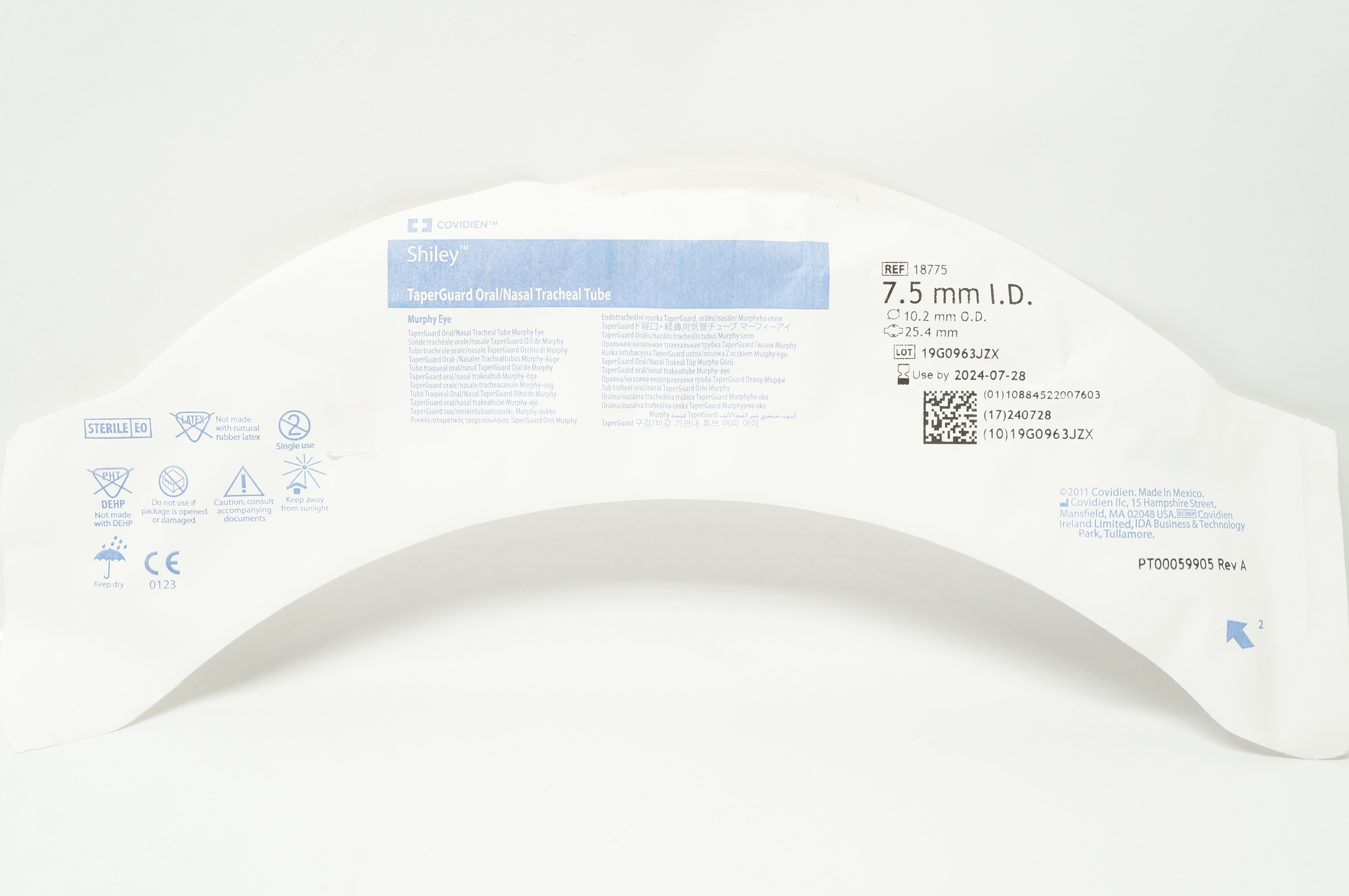 Covidien 18775 Shiley TaperGuard Oral/Nasal Tracheal Tube 7.5mm ID, 10.2mm OD