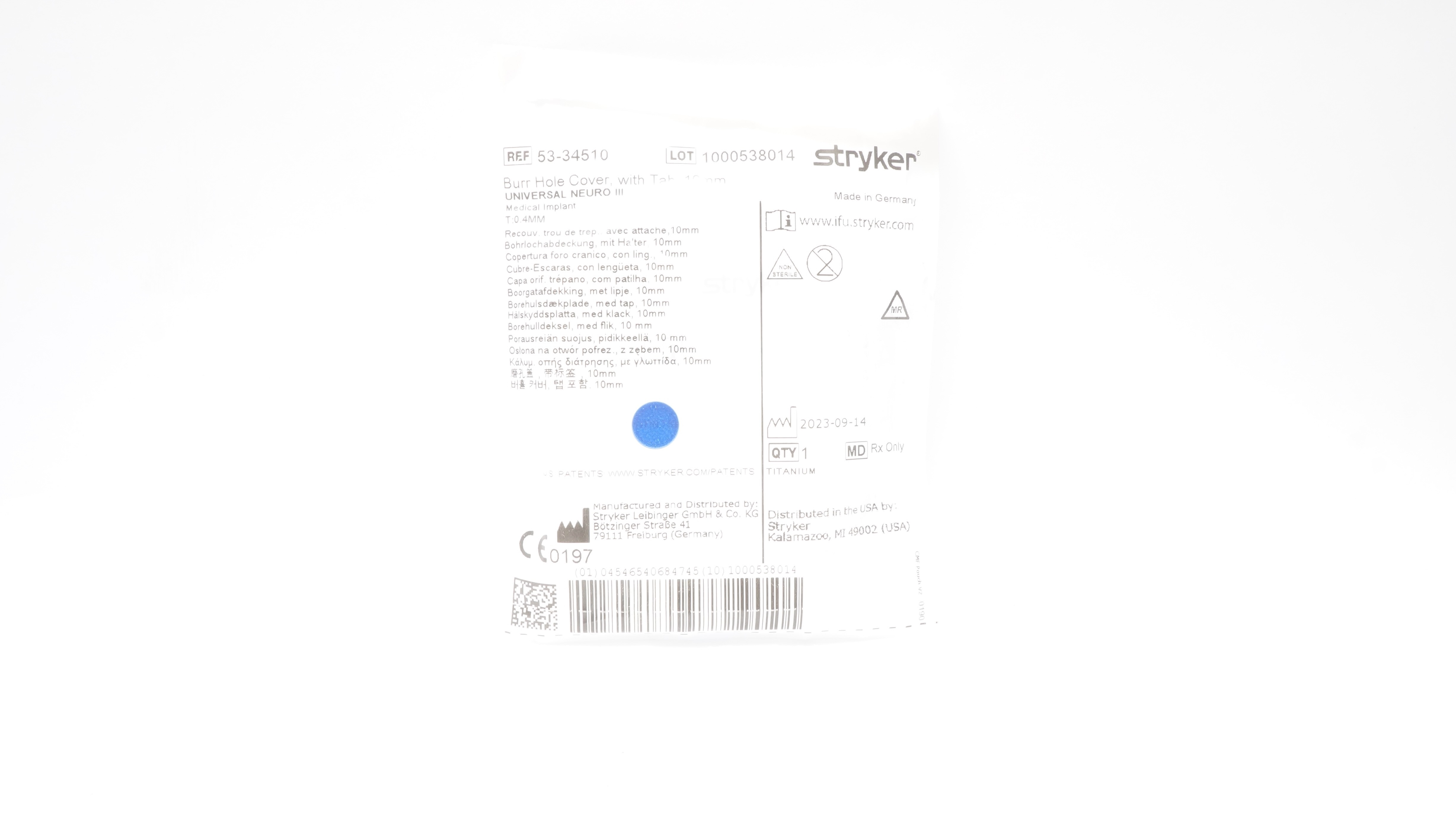 Stryker 53-34510 Universal Neuro III, Burr Hole Cover, w/ Tab, 10mm