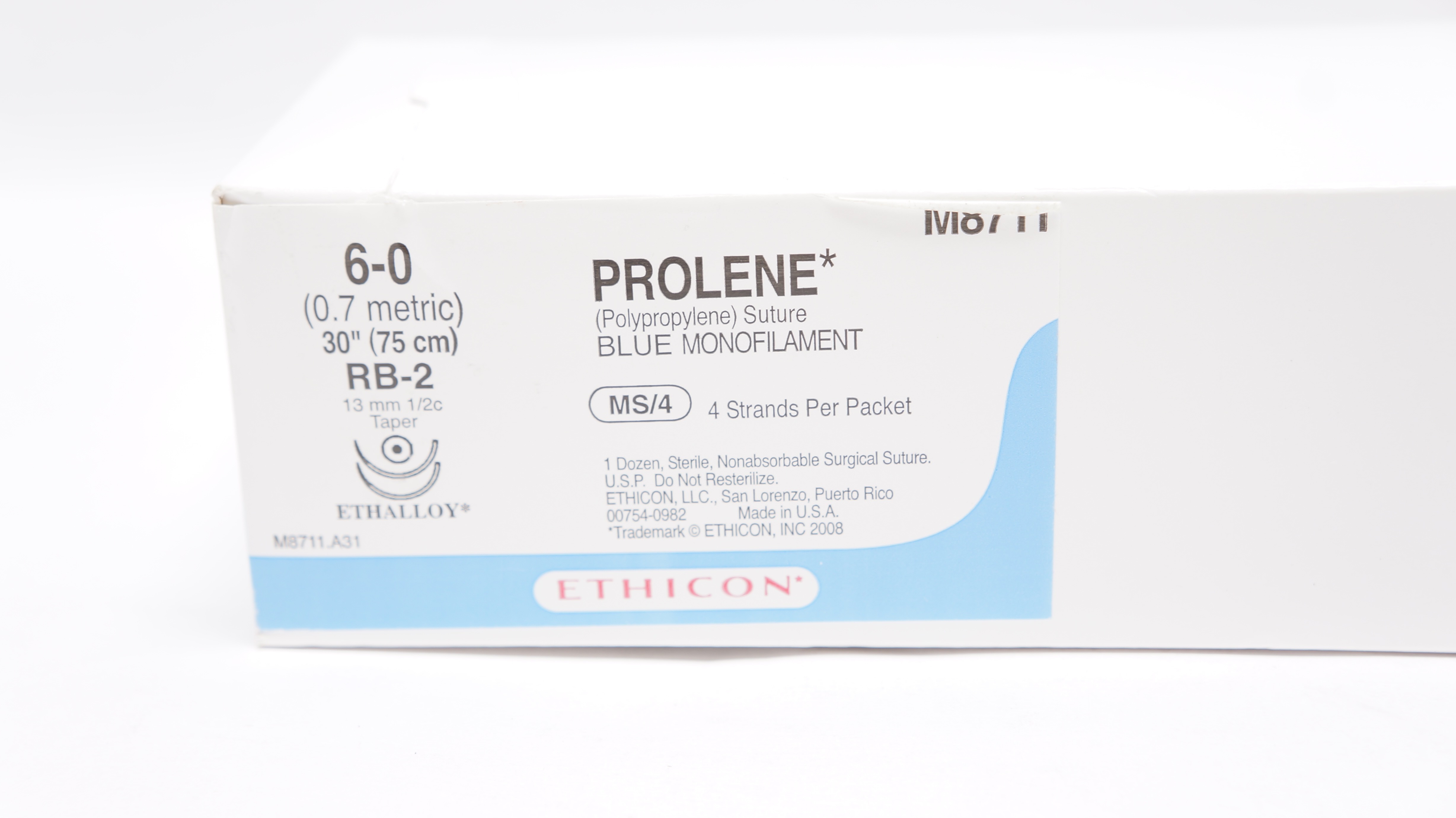 Ethicon M8711 6-0 Prolene Stre RB-2, 13mm 1/2c Taper, 30inch (x) - Box of 12