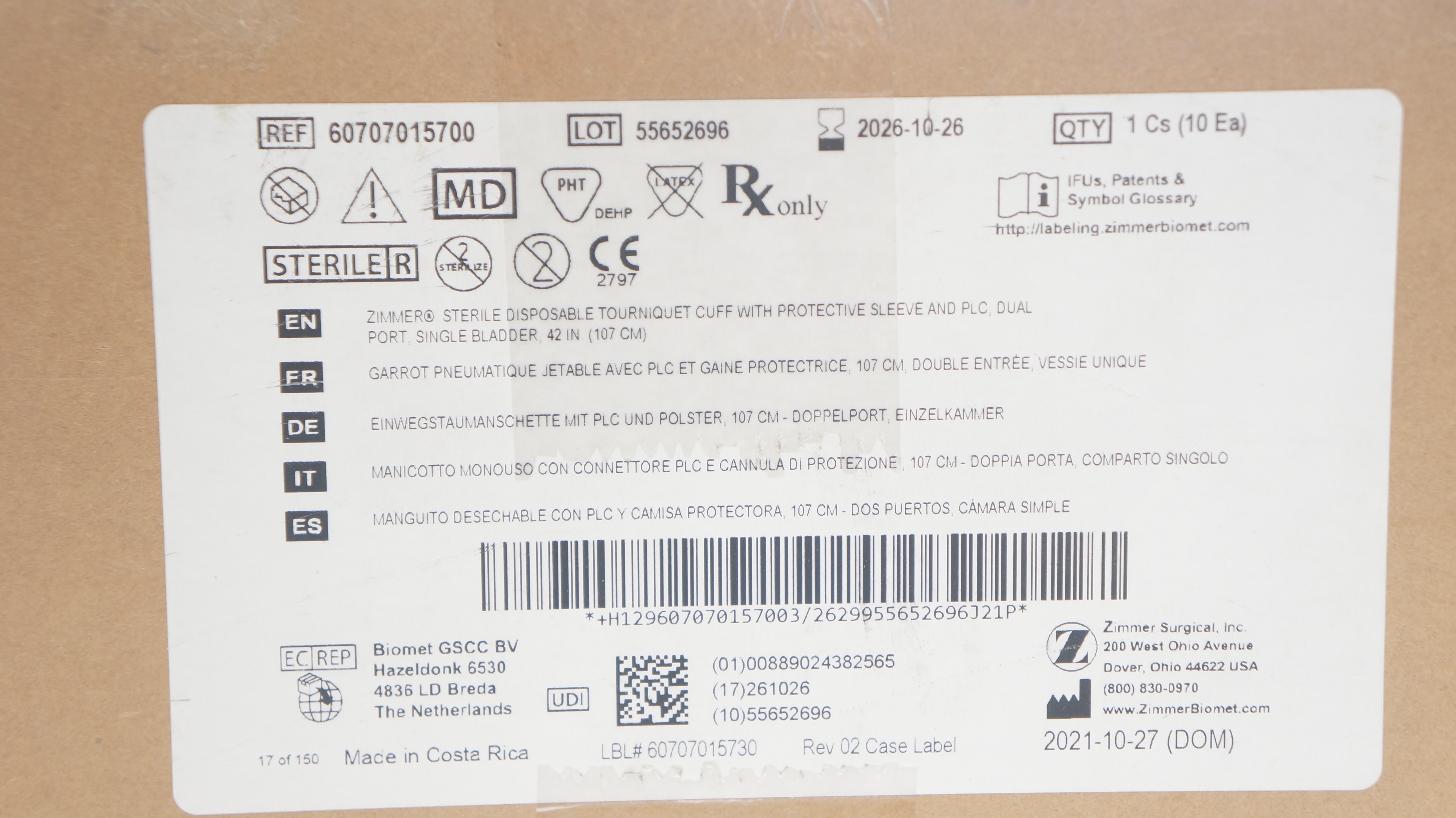 Zimmer 60707015700 Tourniquet Cuff, Single Bladder 42inch - Box of 10