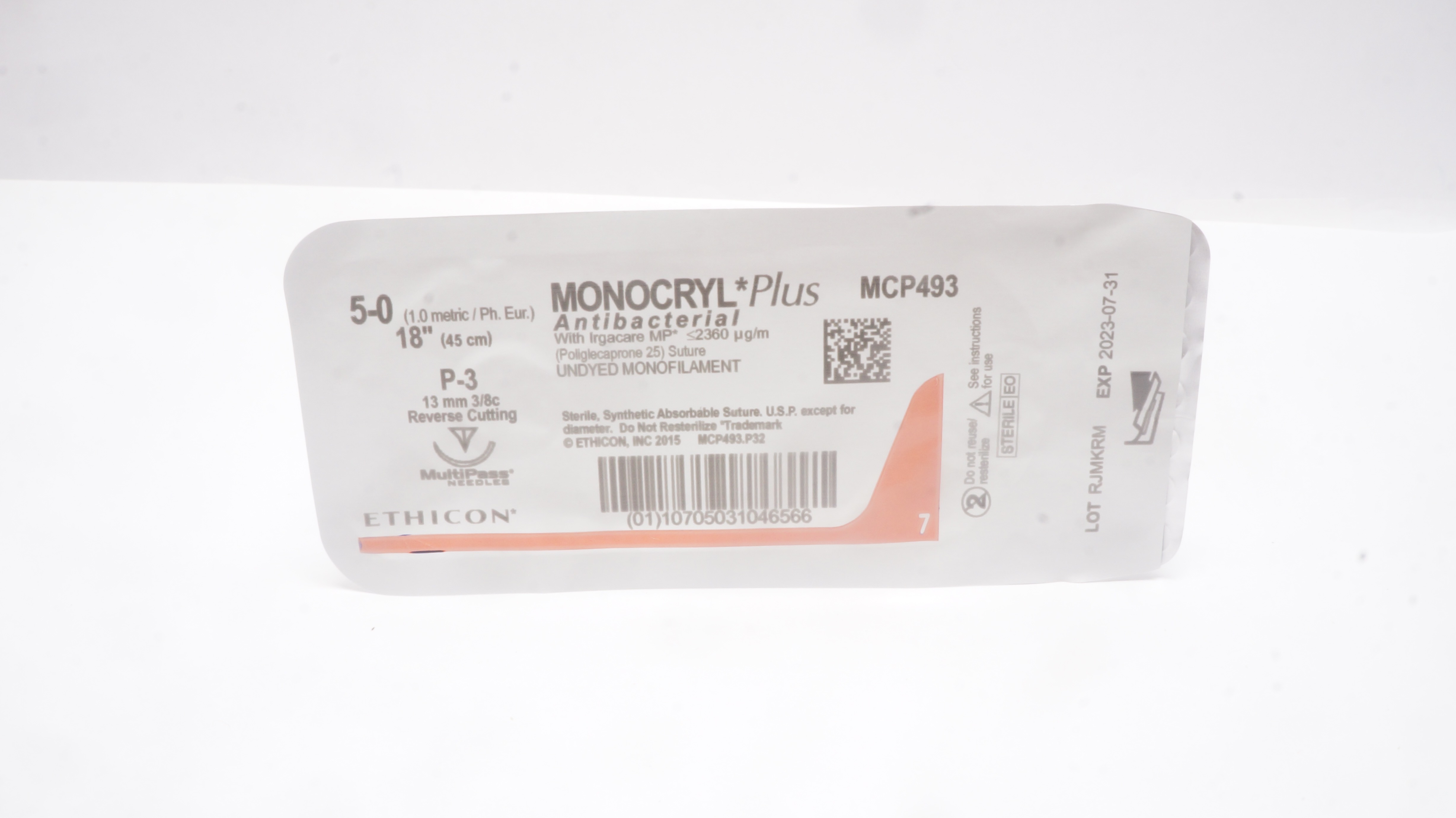 Ethicon MCP493 5-0 MONOCRYL Plus, P-3 13mm 3/8c Reverse Cutting, 18inch (x)