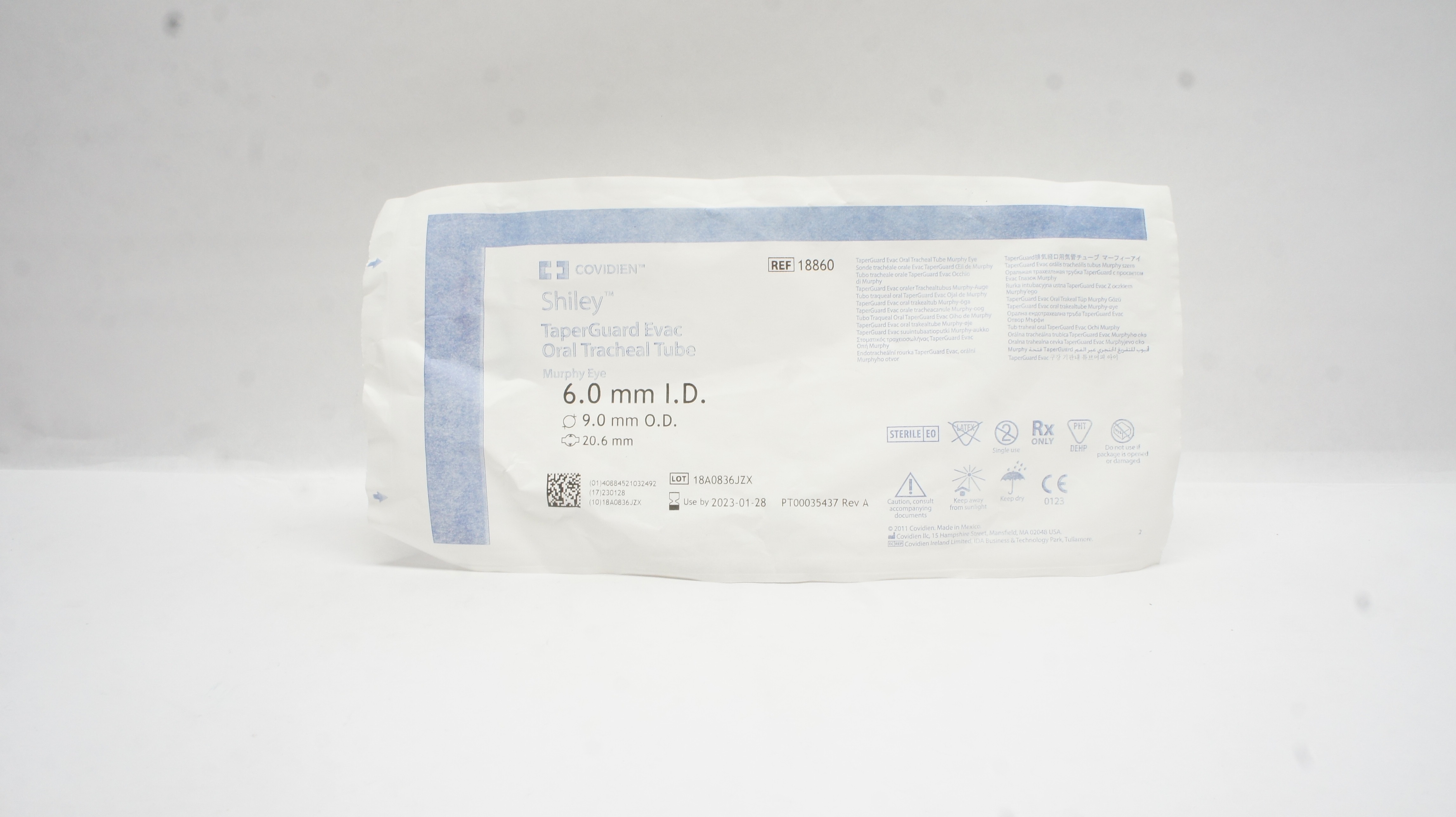 Covidien 18860 Shiley TaperGuard Evac Oral Tracheal Tube 6.0 x 9.0 x 20.6mm