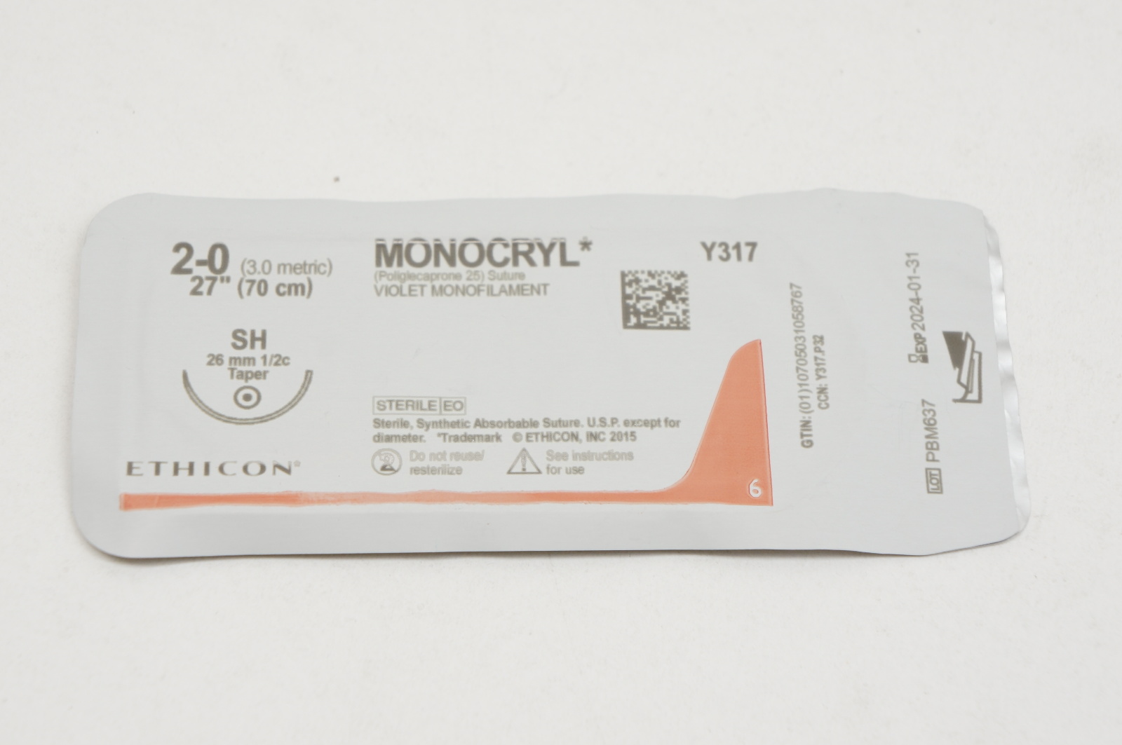 Ethicon Y317 2-0 MONOCRYL, SH, 26mm 1/2c Taper, 27inch