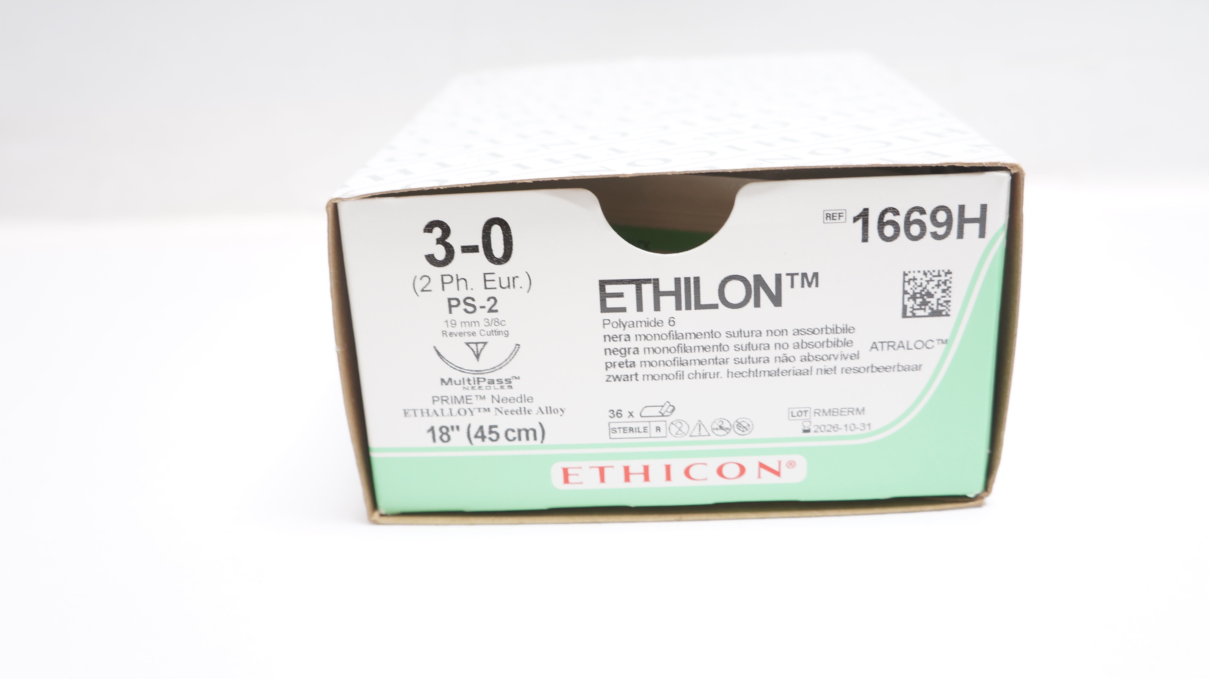 Ethicon 1669H 3-0 Ethilon Stre PS-2 19mm 3/8c Reverse Cutting 18inch - Box of 21