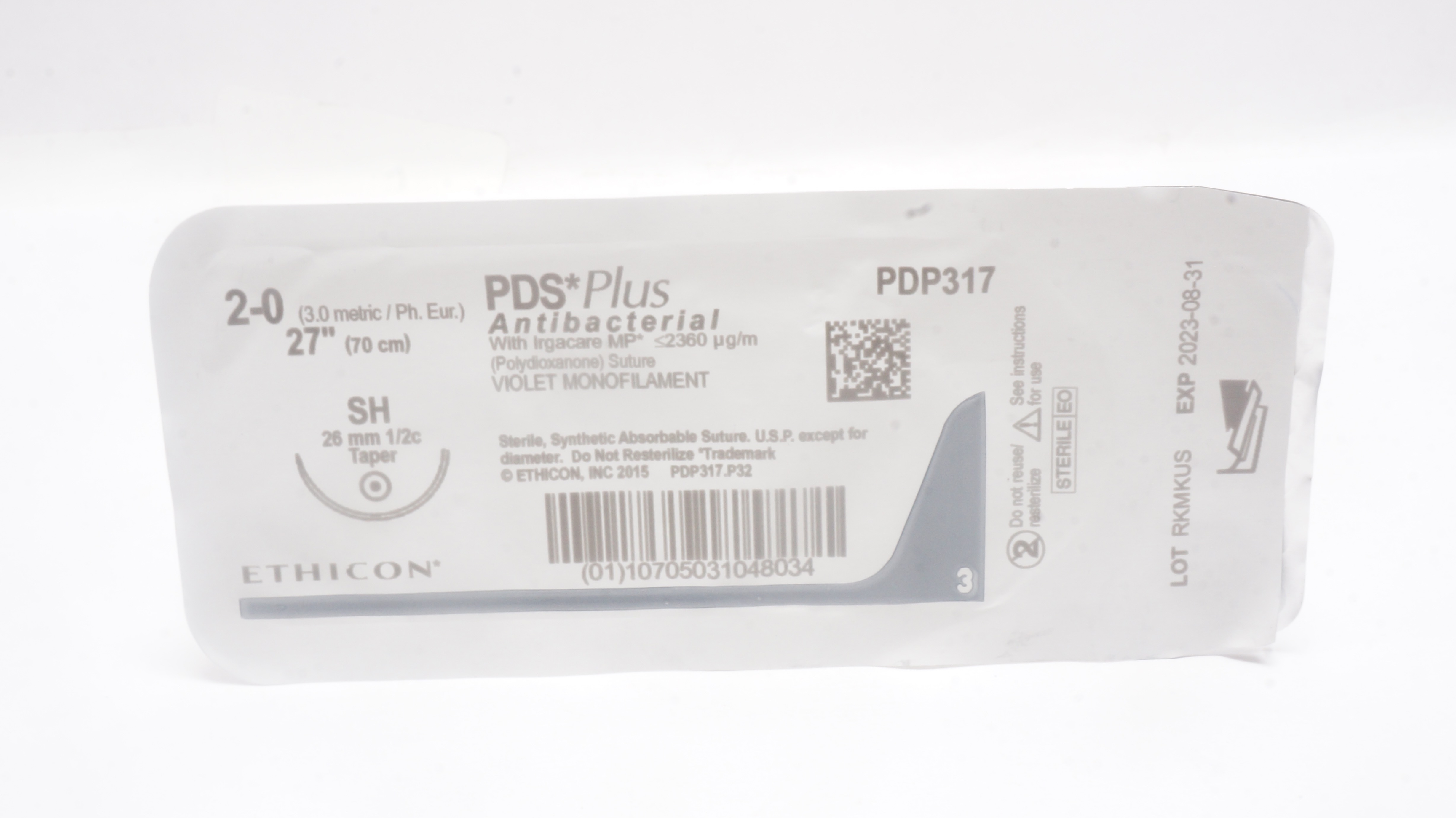 Ethicon PDP317 2-0 PDS Plus Antibacterial Stre SH 26mm 1/2c Taper, 27inch