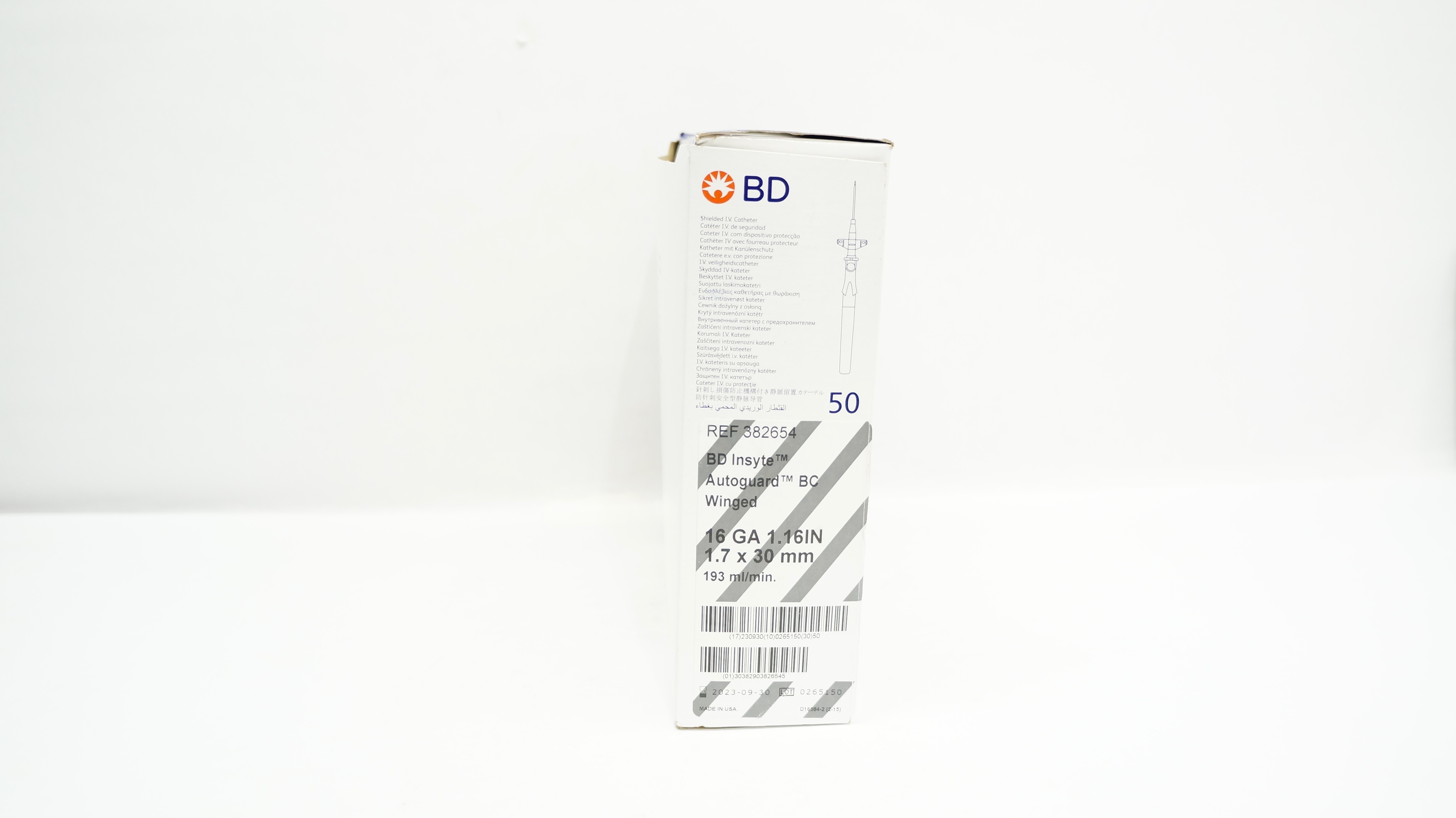 BD 382654 Insyte Shielded Winged I.V. Cath. 16GA x 1.16inch 193ml/min- Box of 50