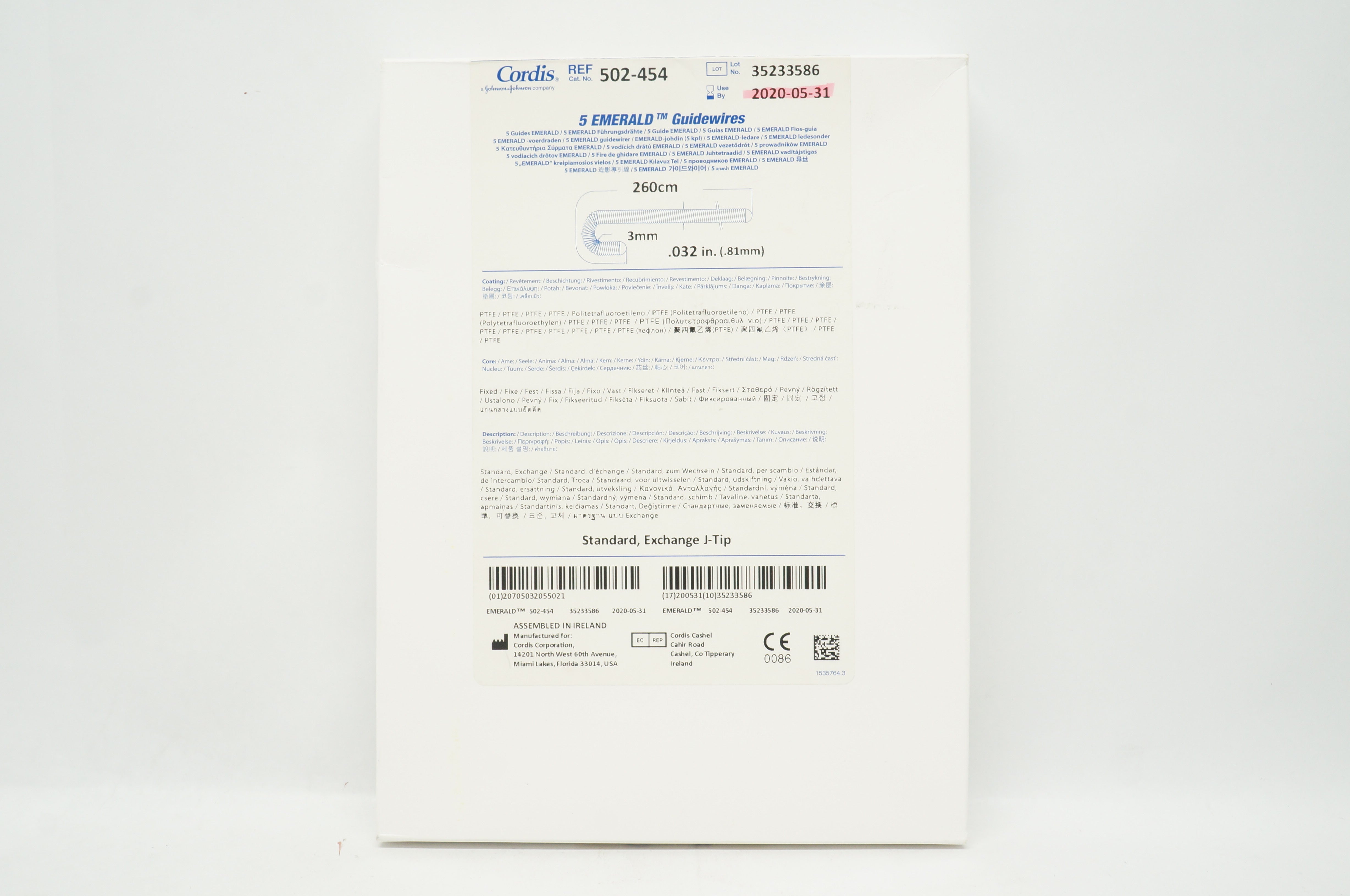 Cordis 502-454 5 Emerald Guidewires Fixed Standard Exhange 260cm x 0.032inch (x)