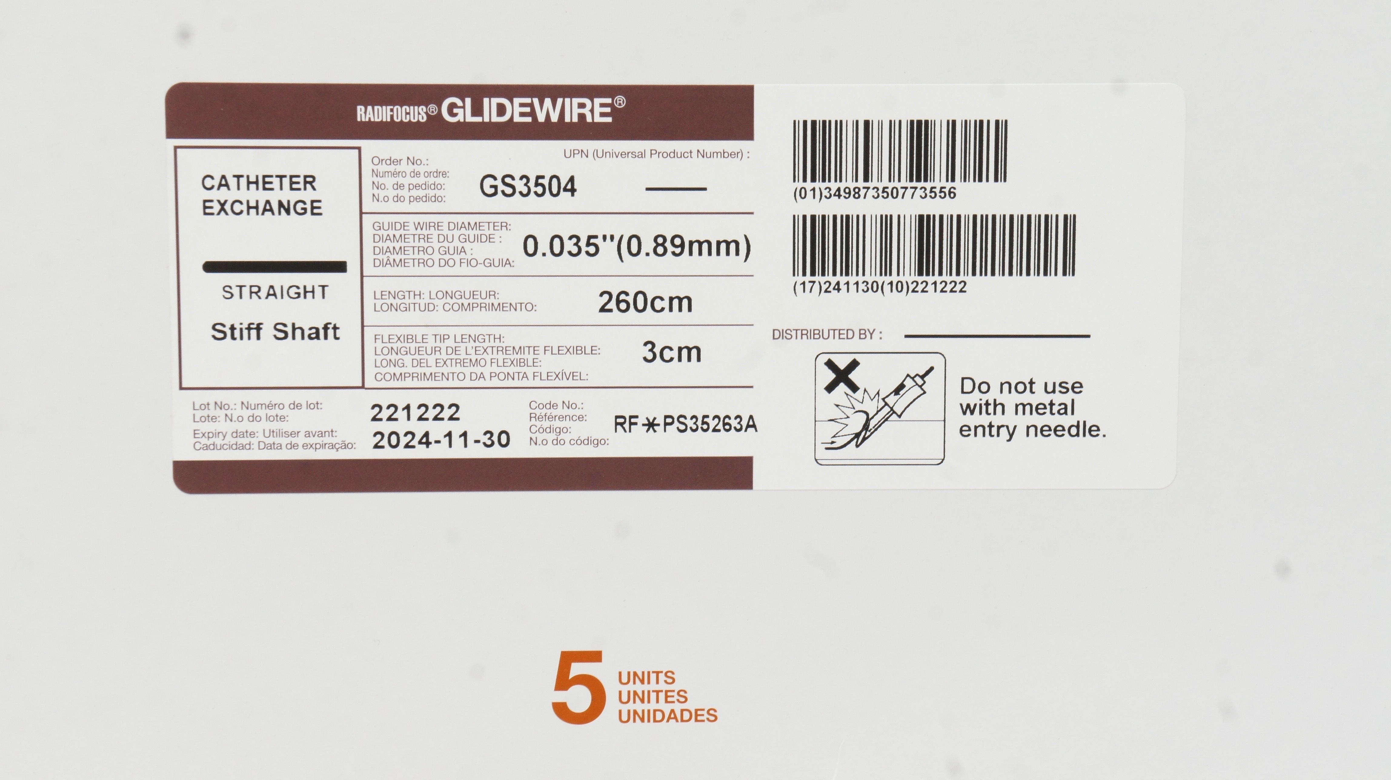 Terumo PS35263A Glidewire Cath. Exchange 0.035inch x 260cm x 3cm - Box of 5
