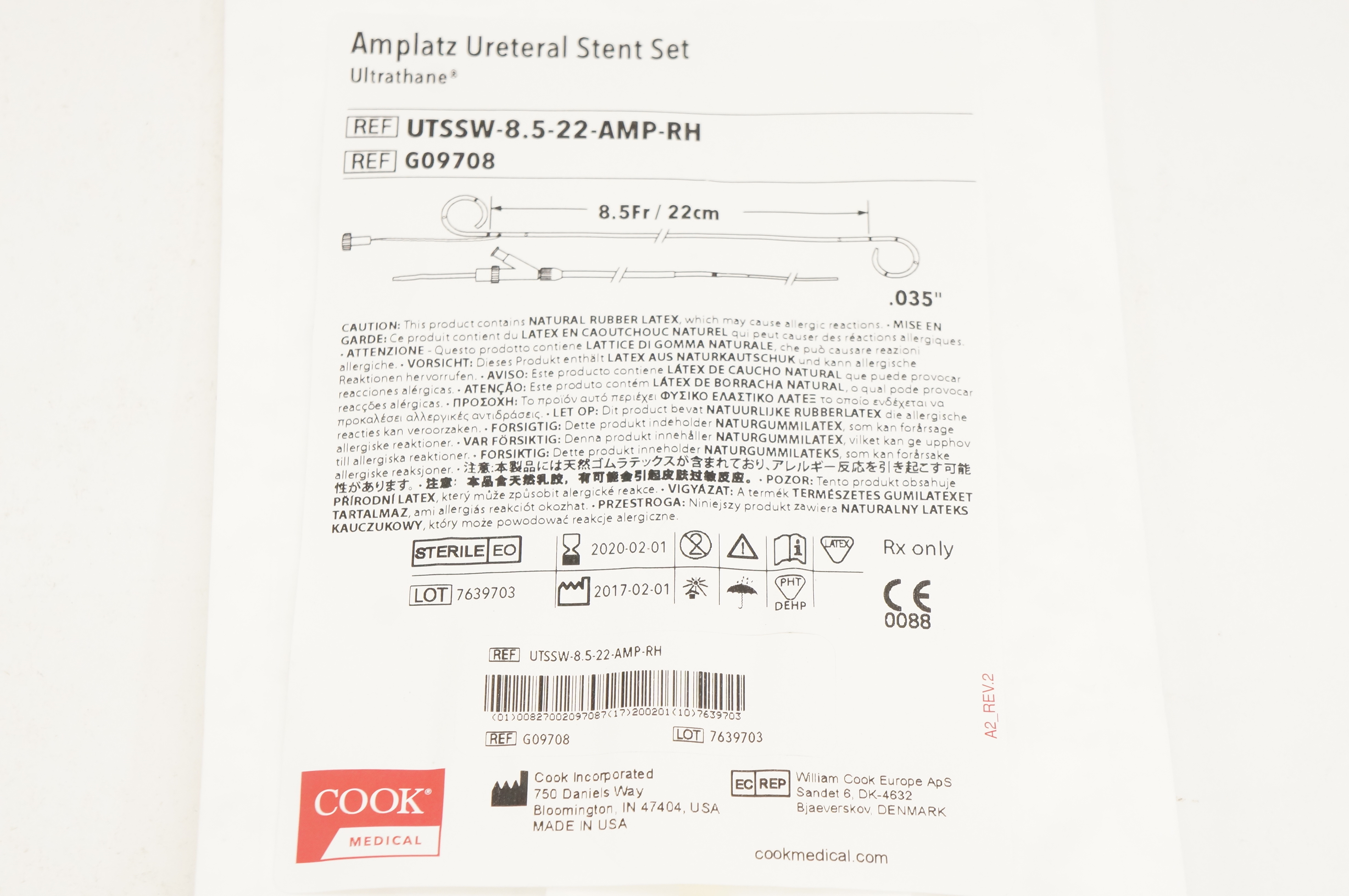 Cook Medical G09708 Amplatz Ureteral Stnt Set 8.5Fr x .035inch x 22cm (x)