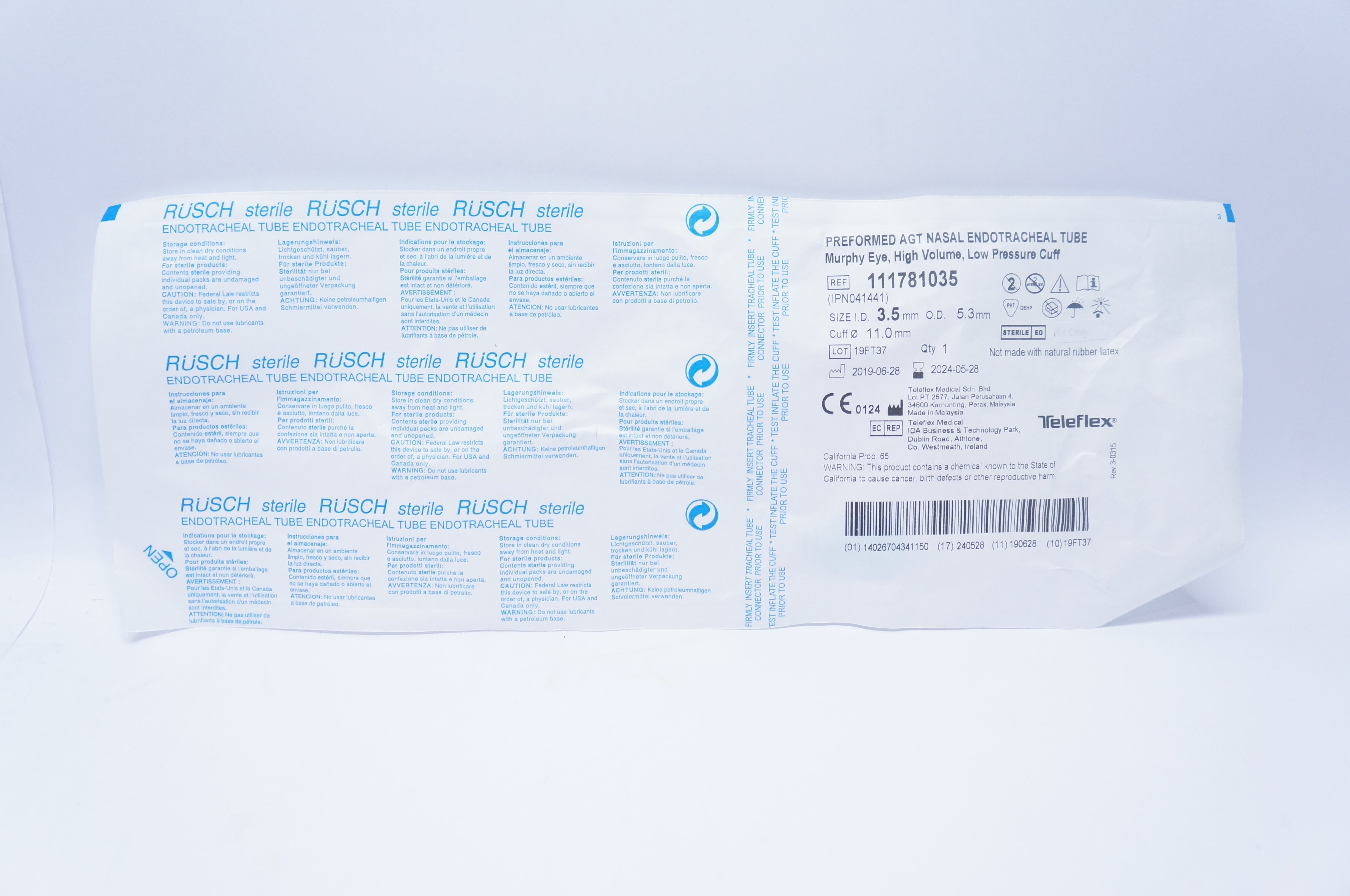 Teleflex 111781035 Preformed Agt Nasal Endotracheal Tube 3.5 x 5.3 x 11.0mm