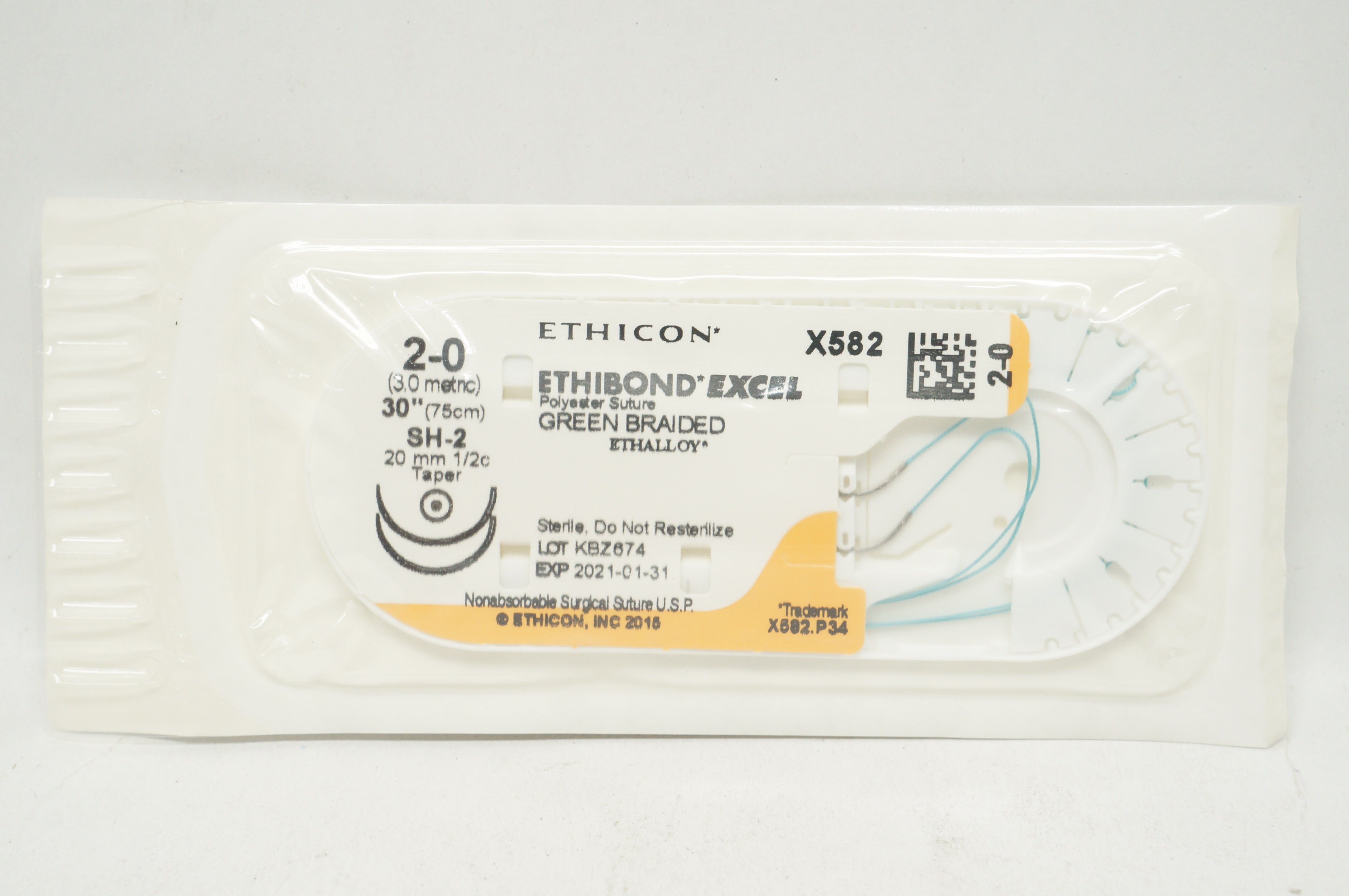 Ethicon X582 2-0 ETHIBOND EXCEL Polyester Stre SH-2 20mm 1/2c Taper, 30inch (x)