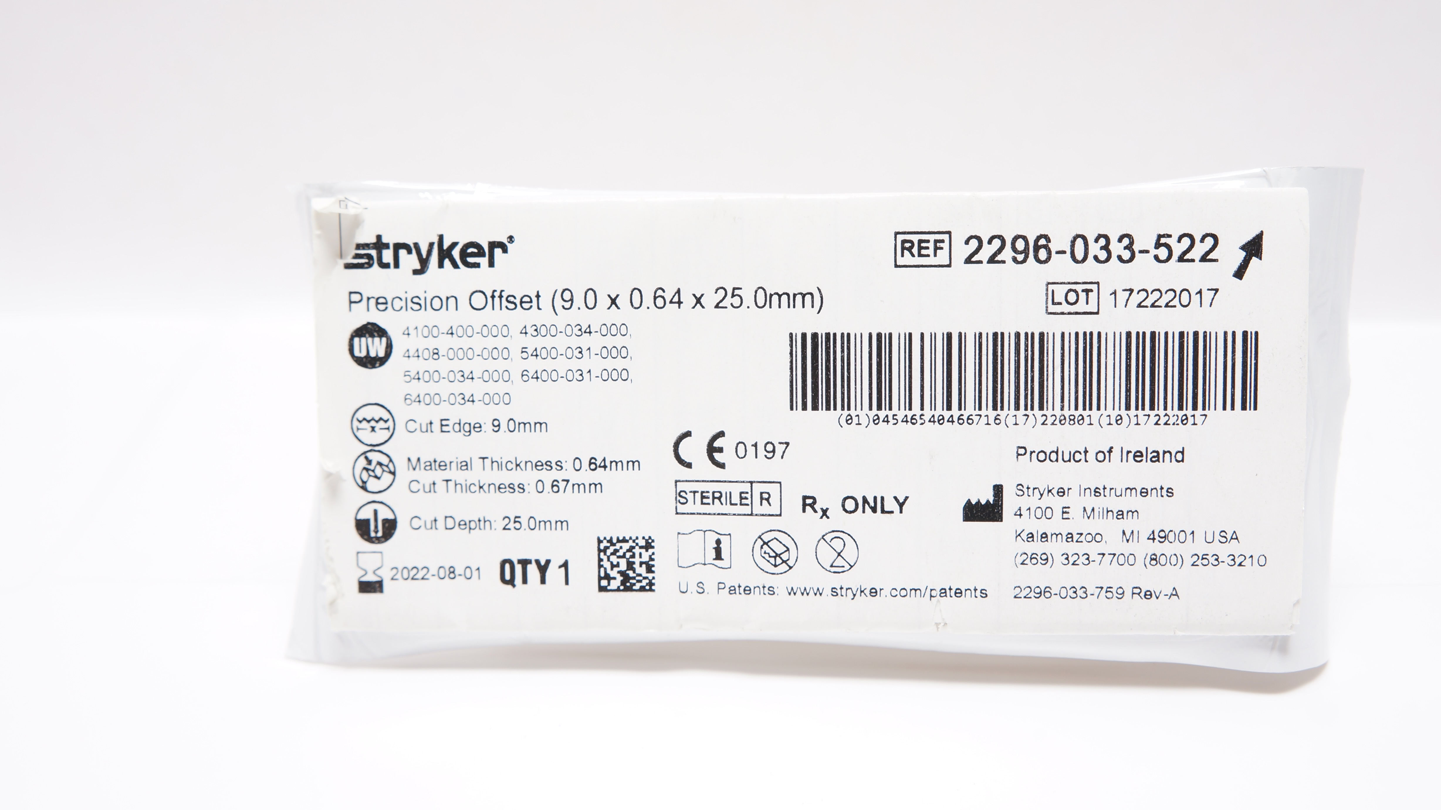 Stryker 2296-033-522 Micro Blade Straight Coarse / Offset 9 x 25 x 0.64mm (x)