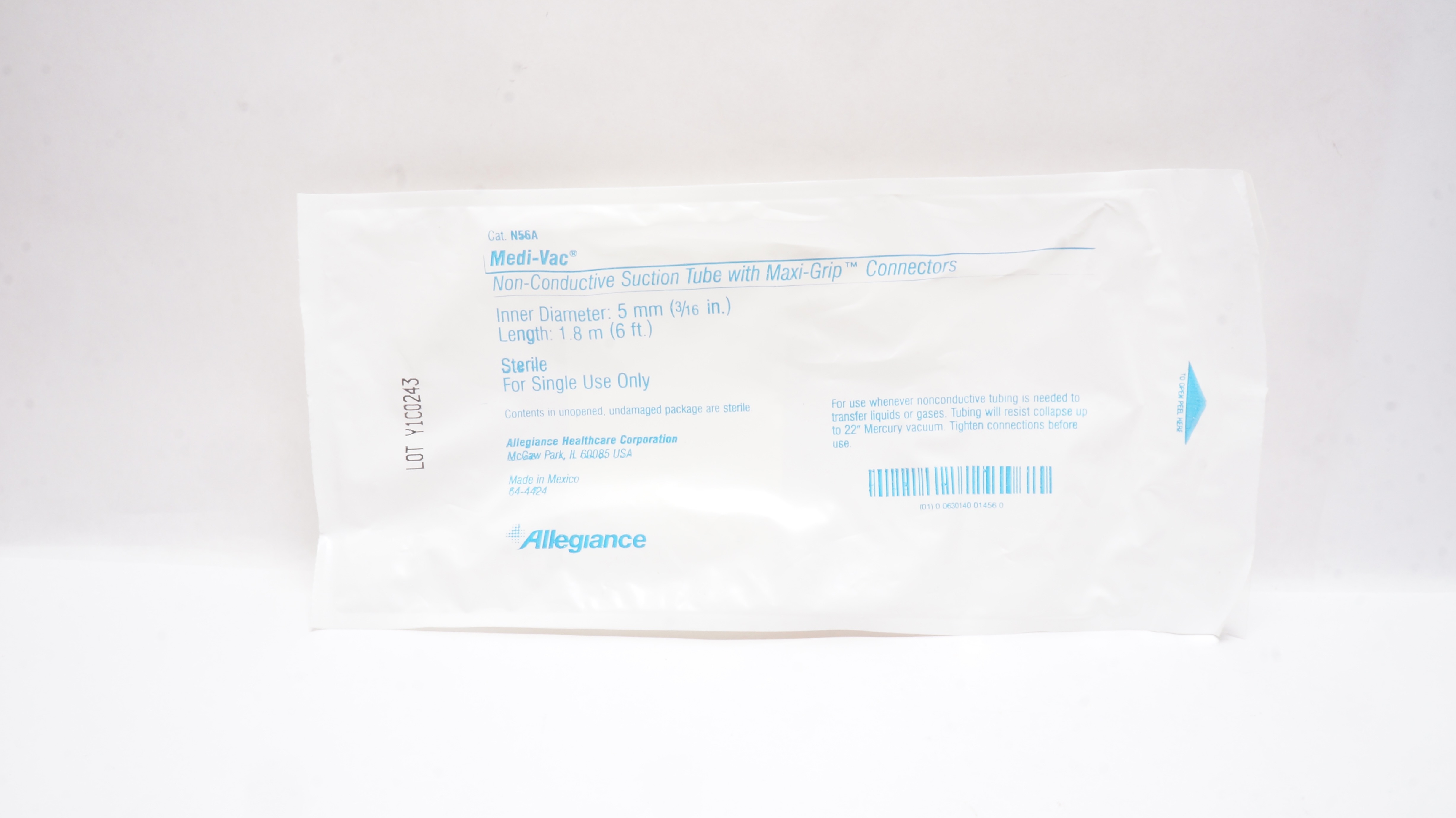 Allegiance N56A Medi-Vac Non-Conductive Suction Tubing w/Connectors 3/16inchx6Ft