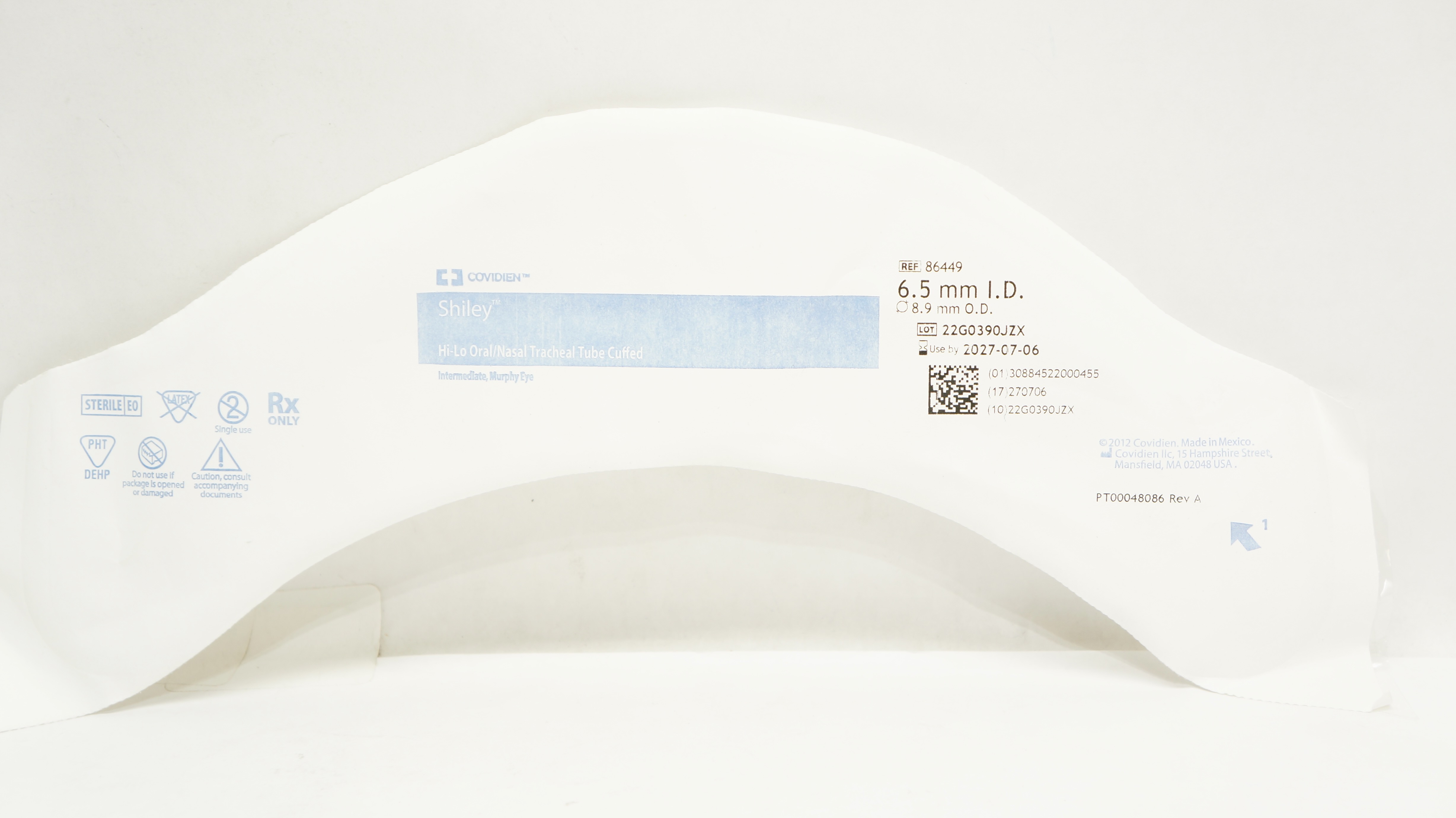 Covidien 86449 Shiley Hi-Lo Oral/Nasal Tracheal Tube Cuffed 6.5mm ID x 8.9mm OD