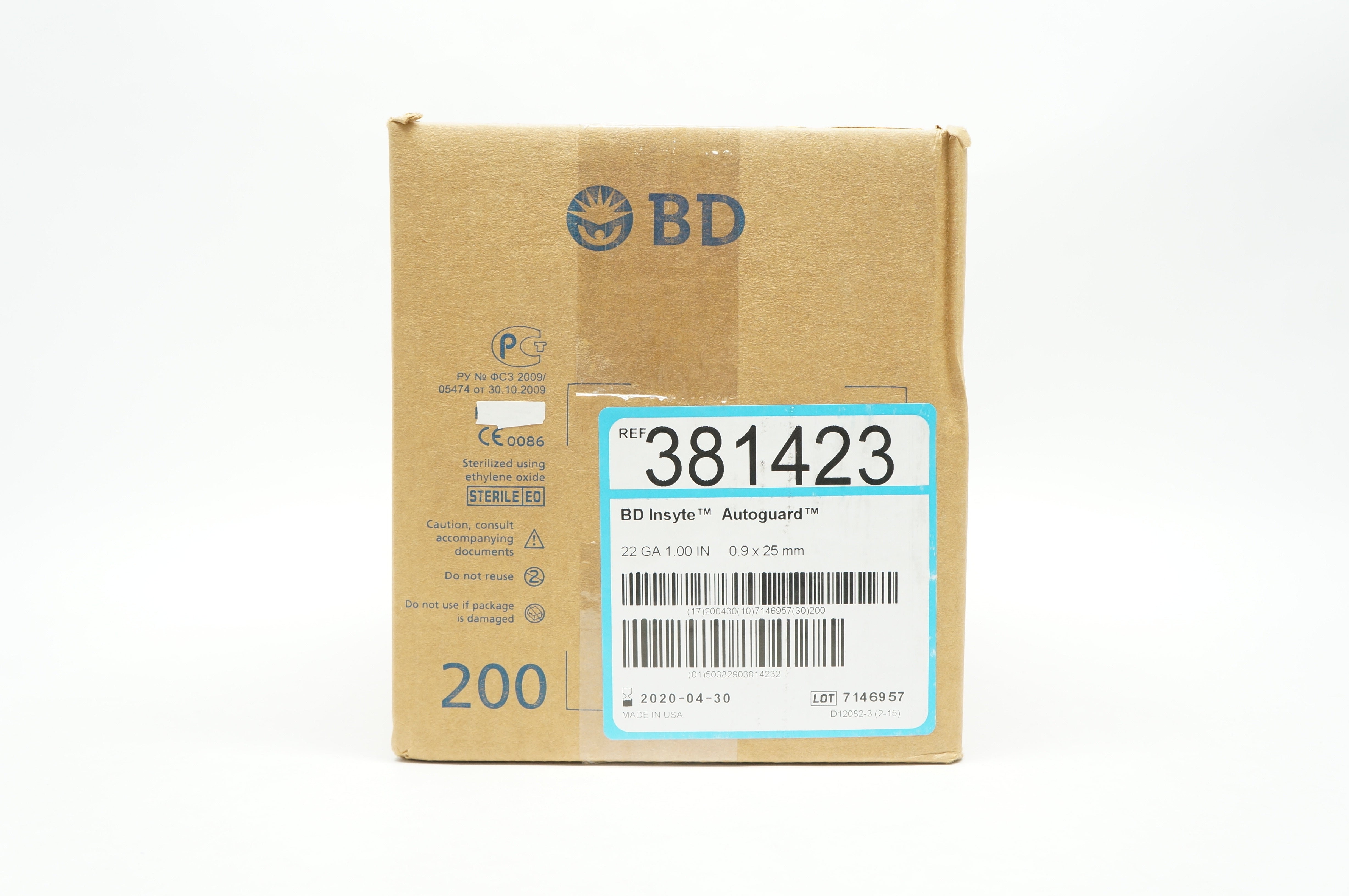 BD 381423 Insyte Autoguard Shielded I.V. Cath. 22Ga x 1.00inch (x) - Box of 200