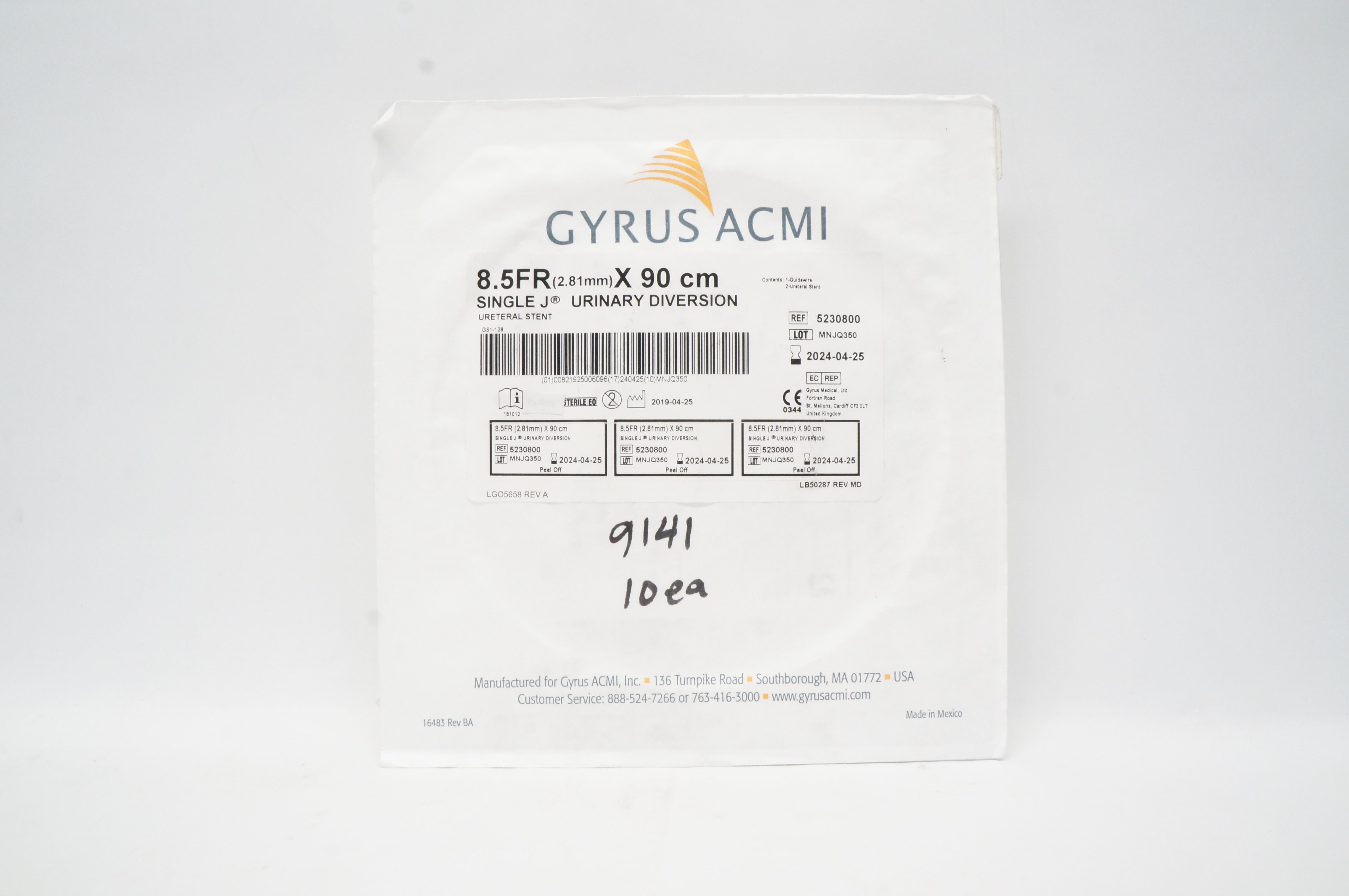 Gyrus ACMI 5230800 Single J Urinary Diversion Ureteral Stnt 8.5Fr x 90cm