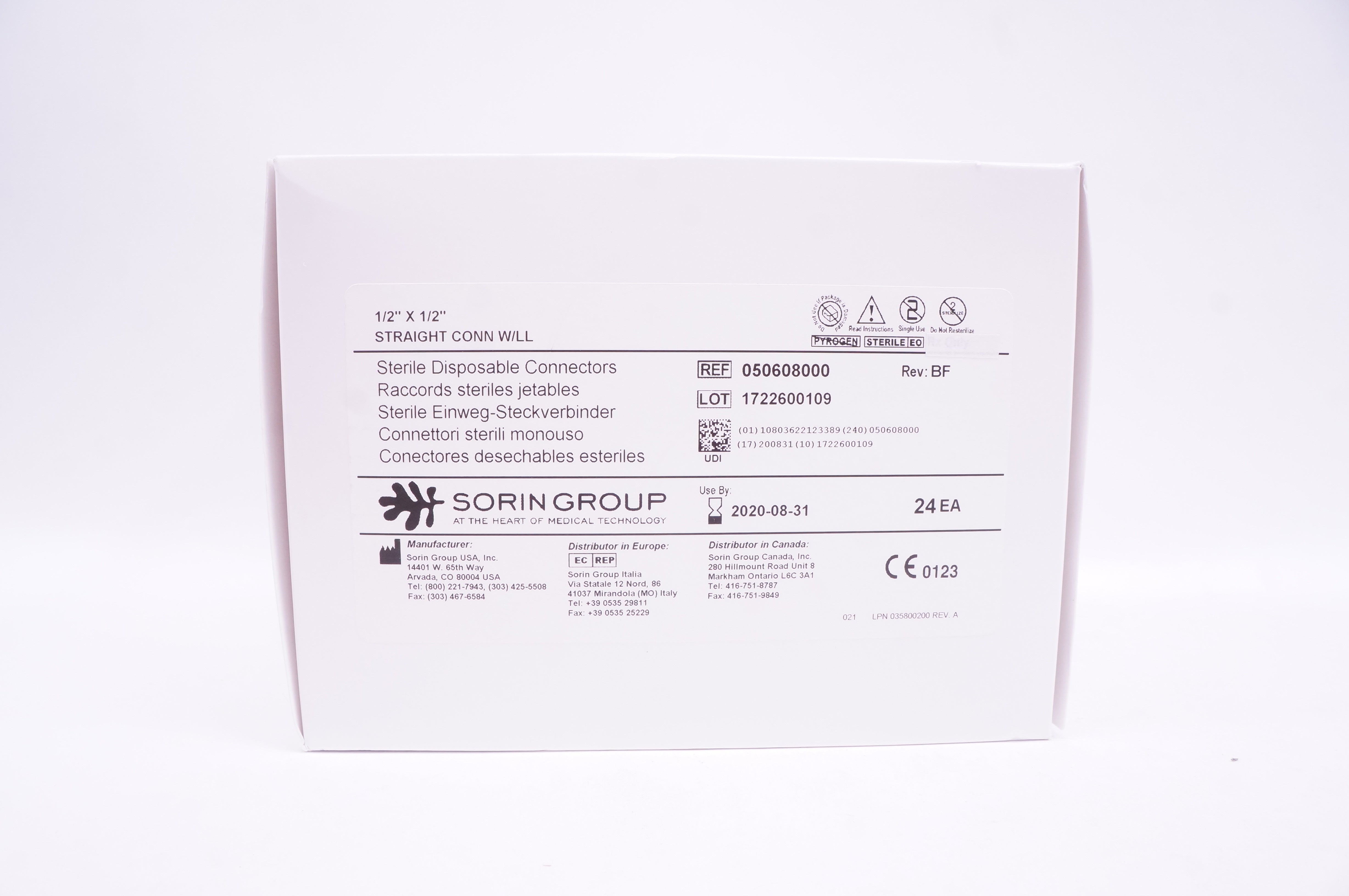 Sorin Group 050608000 Sterile Disposable Connectors 1/2 x 1/2inch(x) - Box of 24