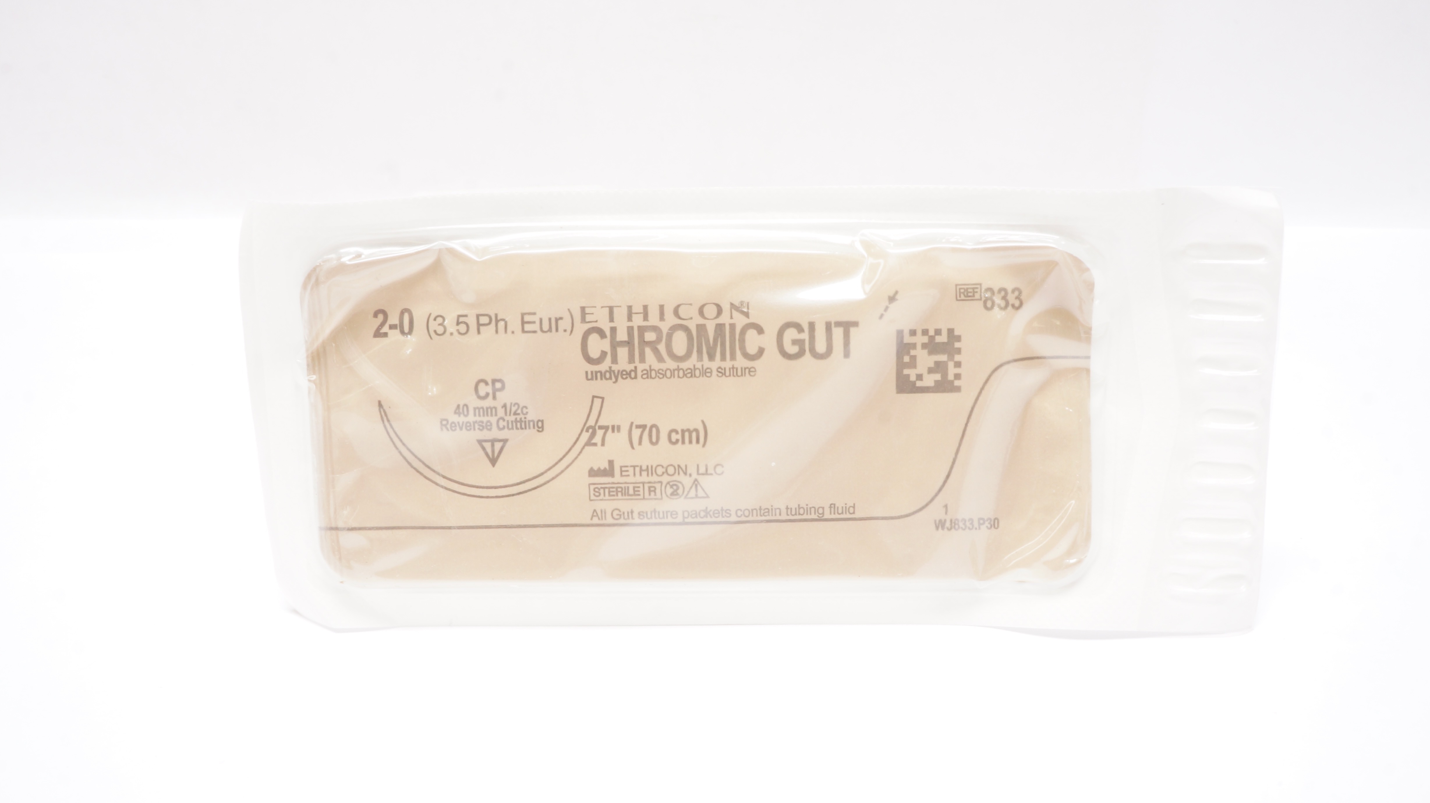 Ethicon 833 2-0 Chromic Gut Surgical Stre CP 40mm 1/2c Reverse Cutting 27inch(x)