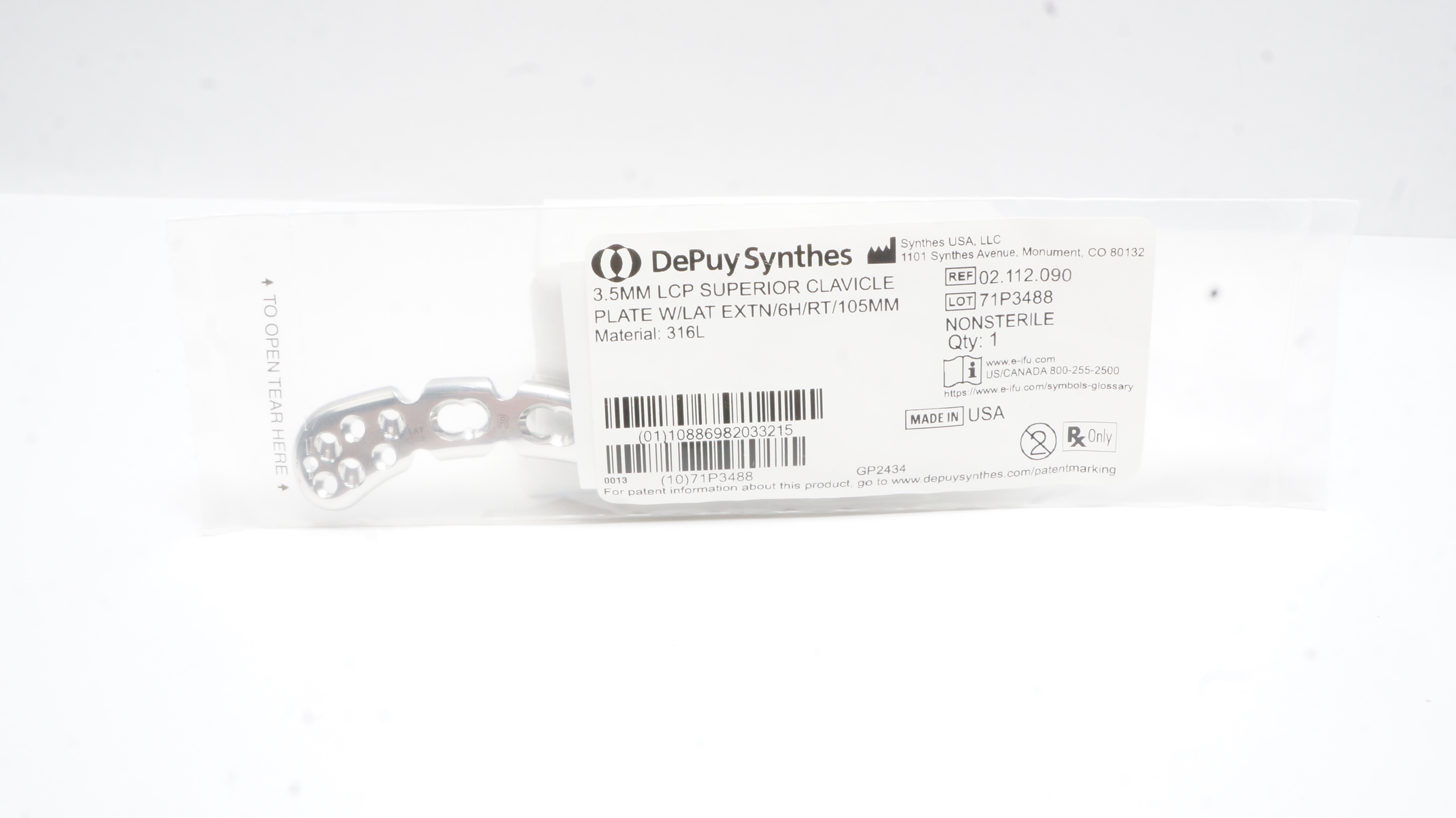 Synthes 02.112.090 3.5mm LCP Superior Clvicle Plate W/LAT Extn/6H/RT/105mm
