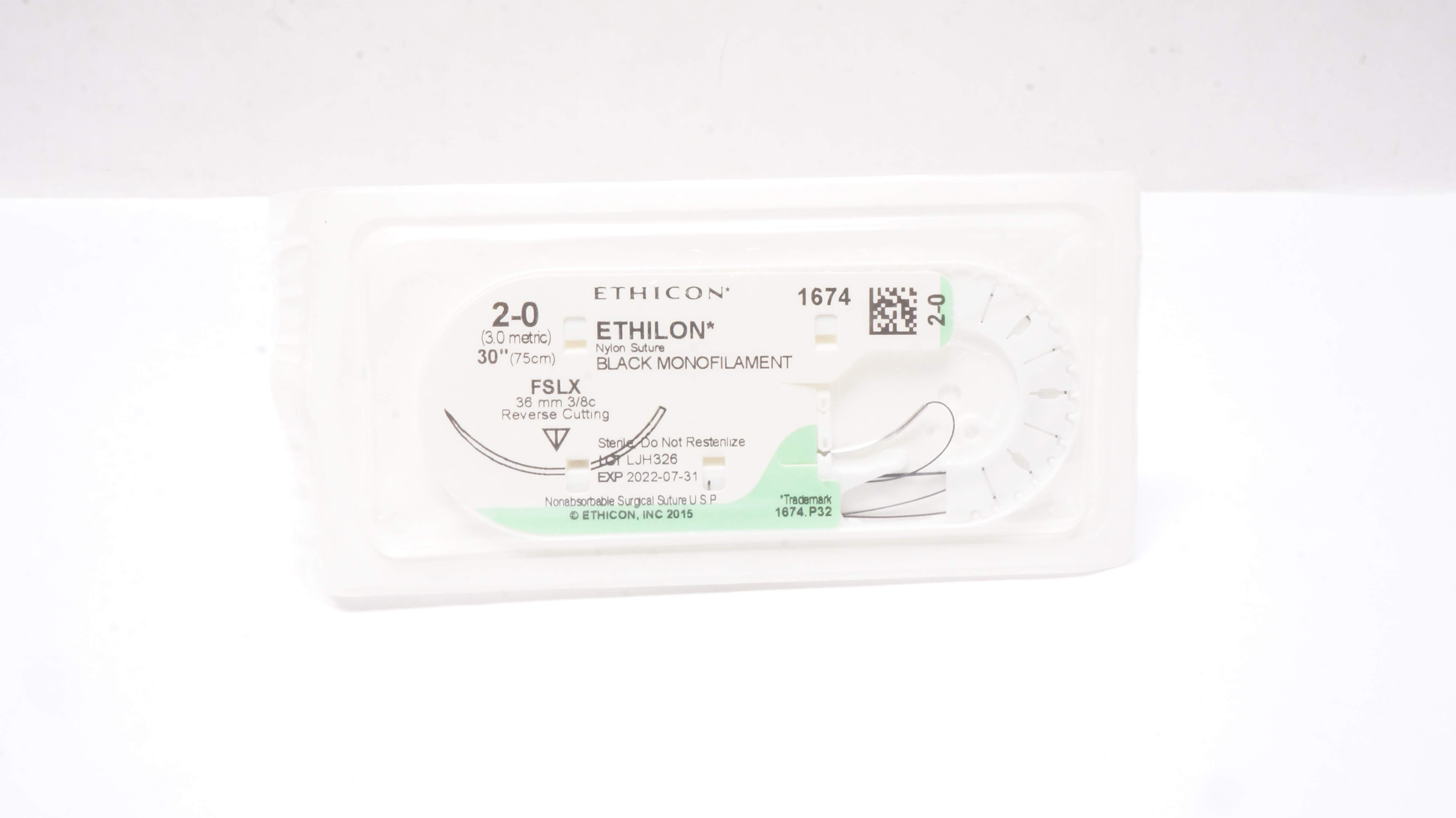 Ethicon 1674 2-0 ETHILON Nylon Stre FSLX 36mm 3/8c Reverse Cutting, 30inch (x)