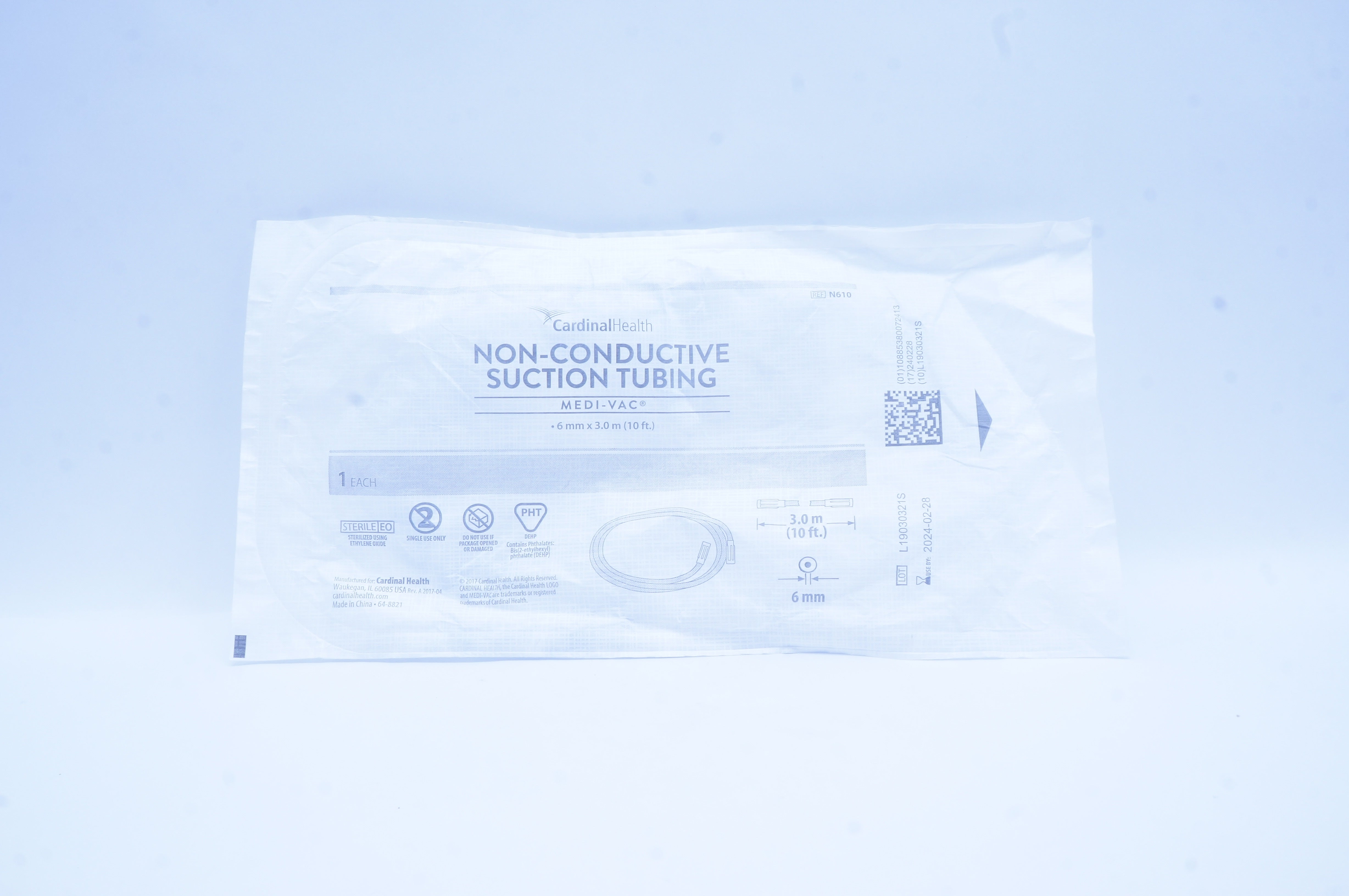 Cardinal Health N610 Medo-VAC Non-Conductive Suction Tubing 6mm x 10ft