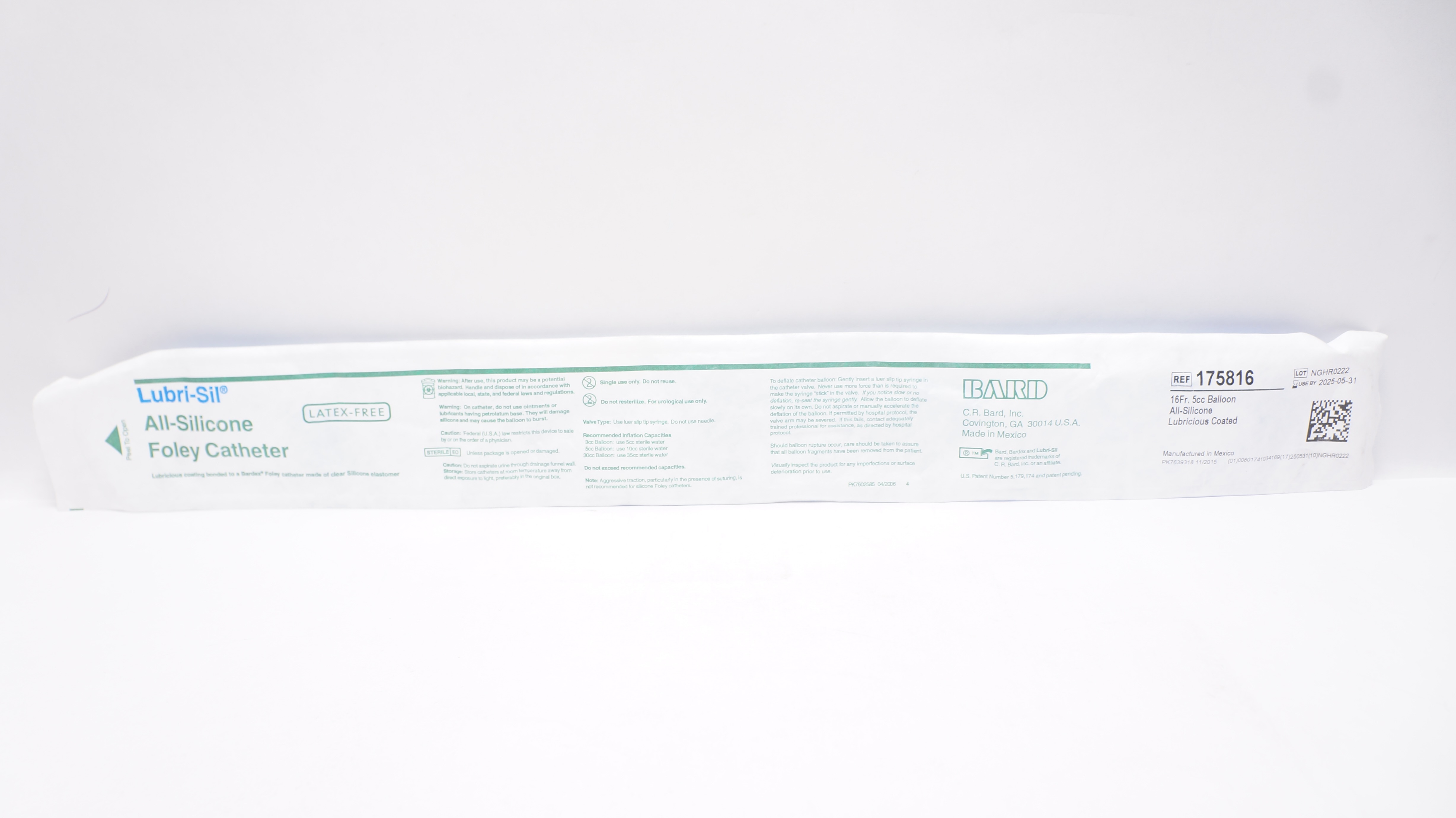 Bard 175816 Lubri-Sil All-Silicone Lubricious Coated Foley Cath. 16Fr 5cc Balloon