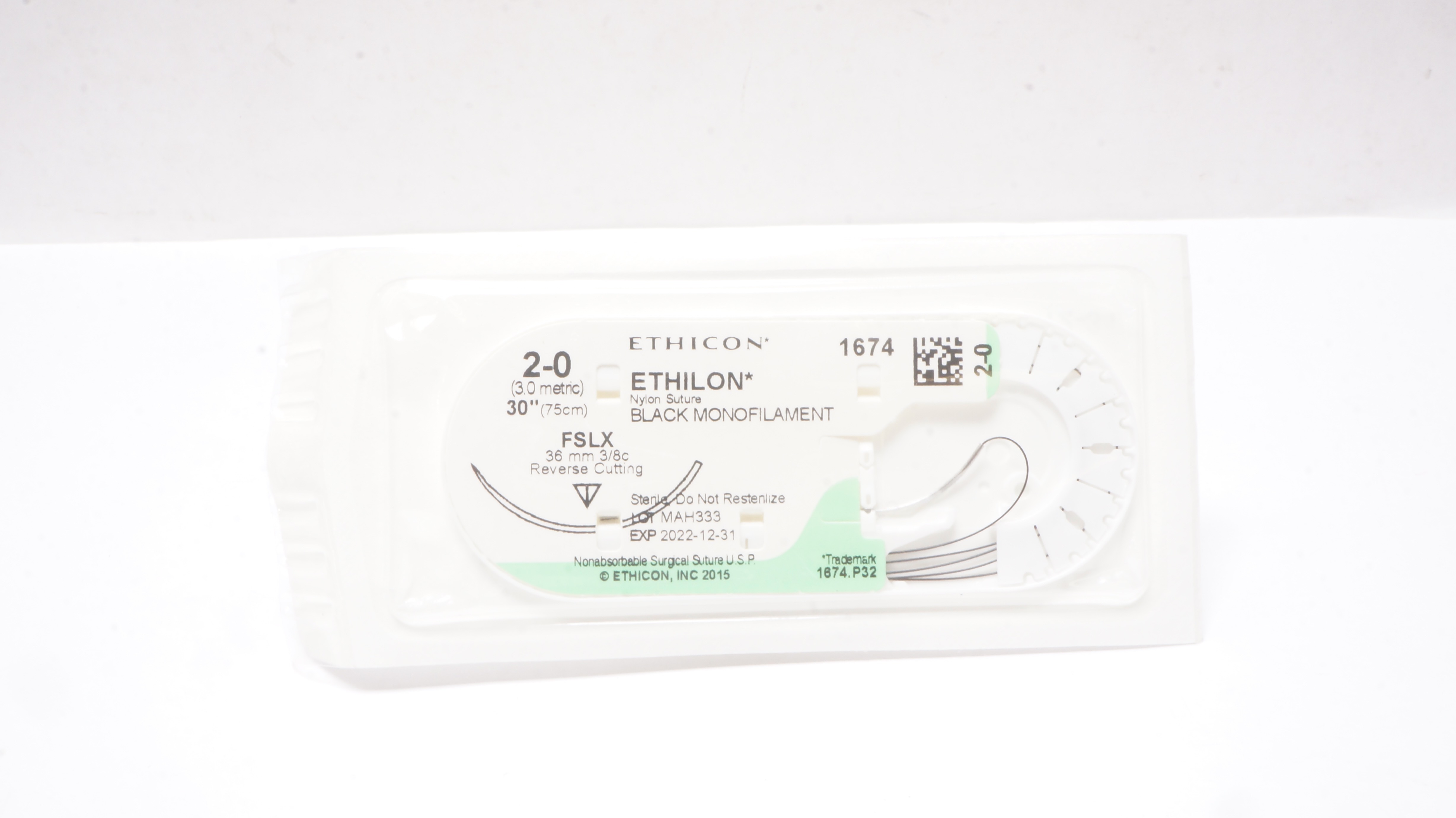 Ethicon 1674 2-0 ETHILON Nylon Stre FSLX 36mm 3/8c Reverse Cutting, 30inch (x)