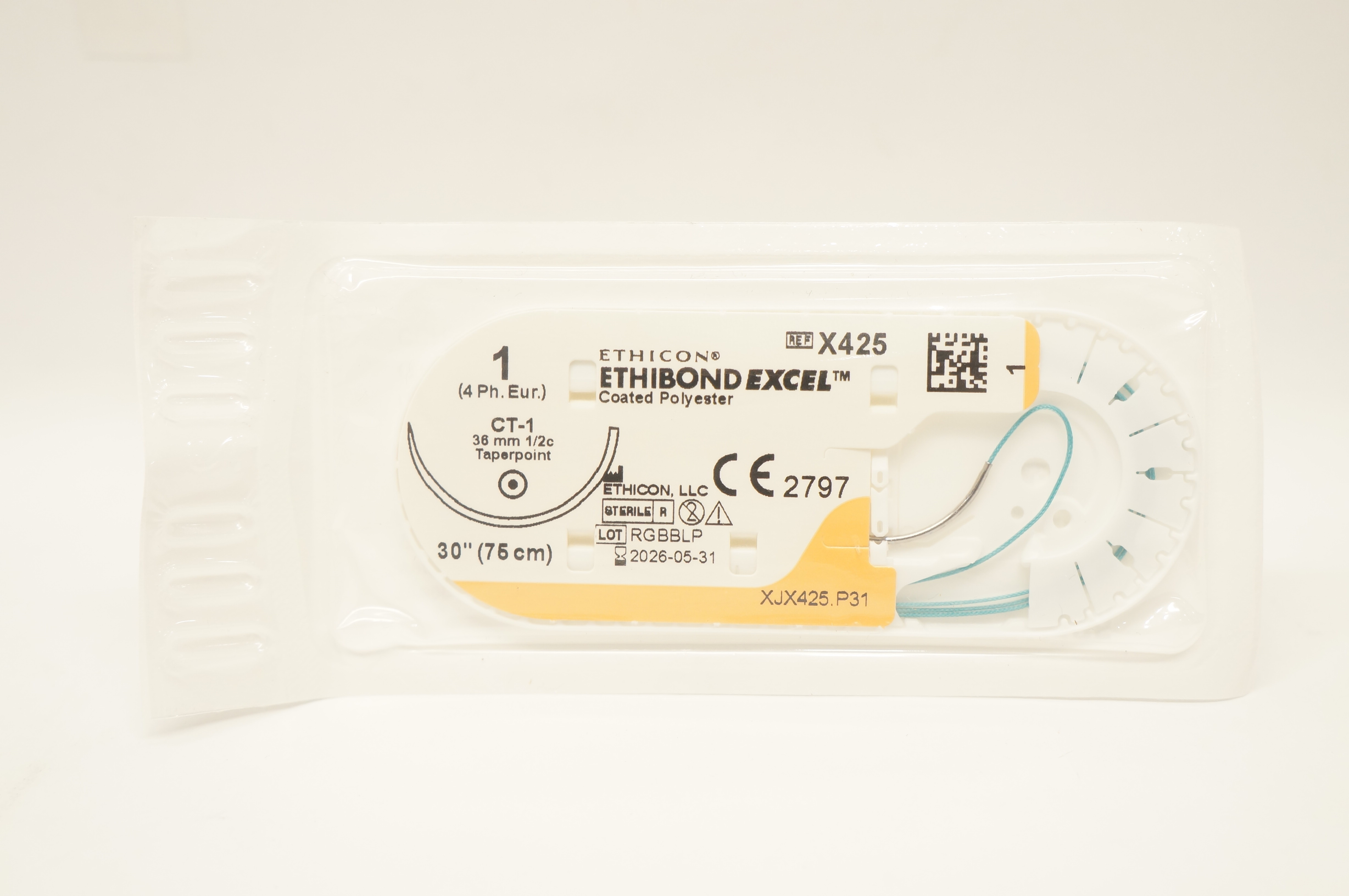 Ethicon X425 1 ETHIBOND EXCEL Coated Polyester CT-1 36mm 1/2c Taperpoint 30inch