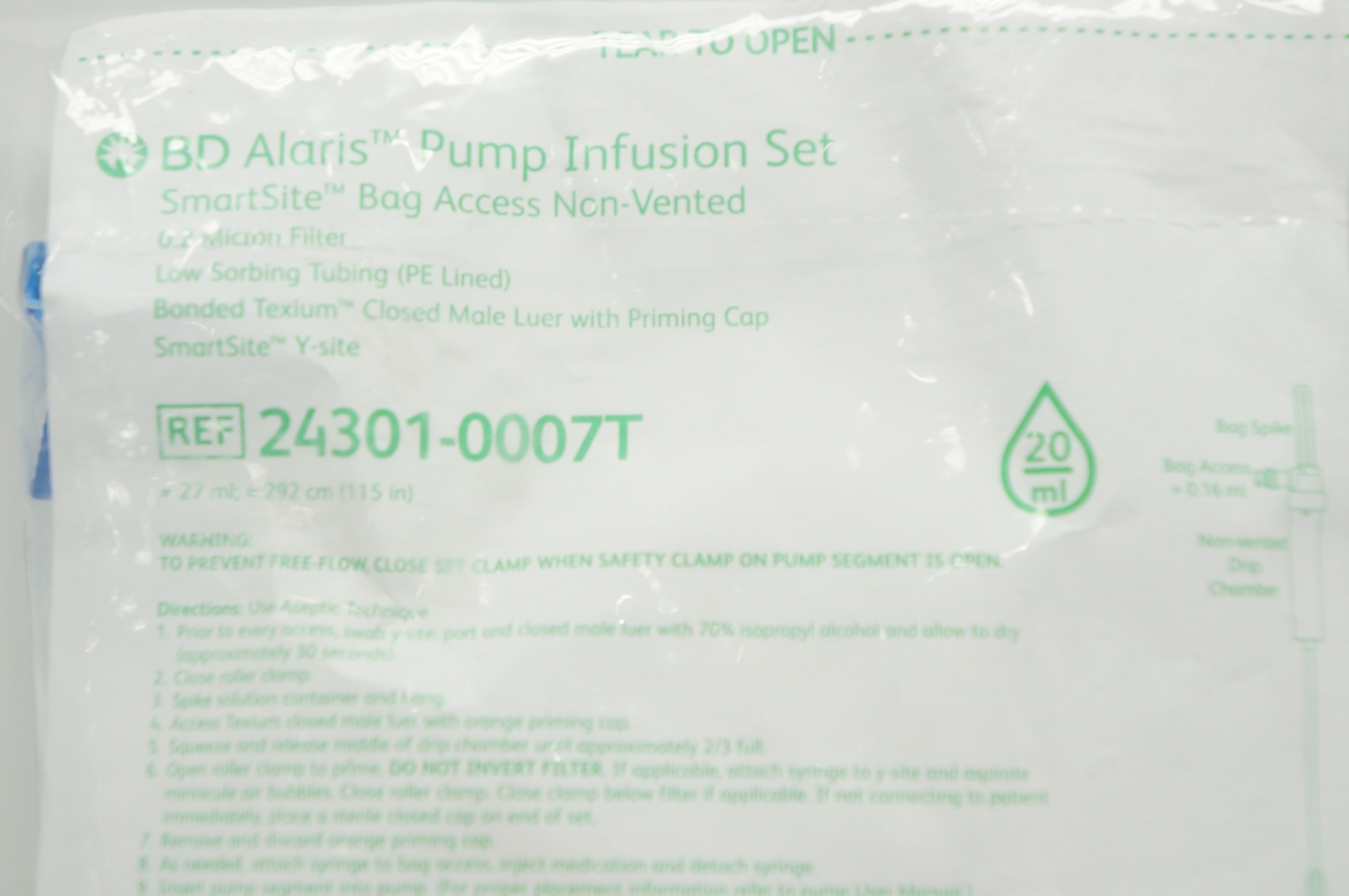 BD 24301-0007T Alaris Pump Infusion Set SmartSite Bag Access 20mL