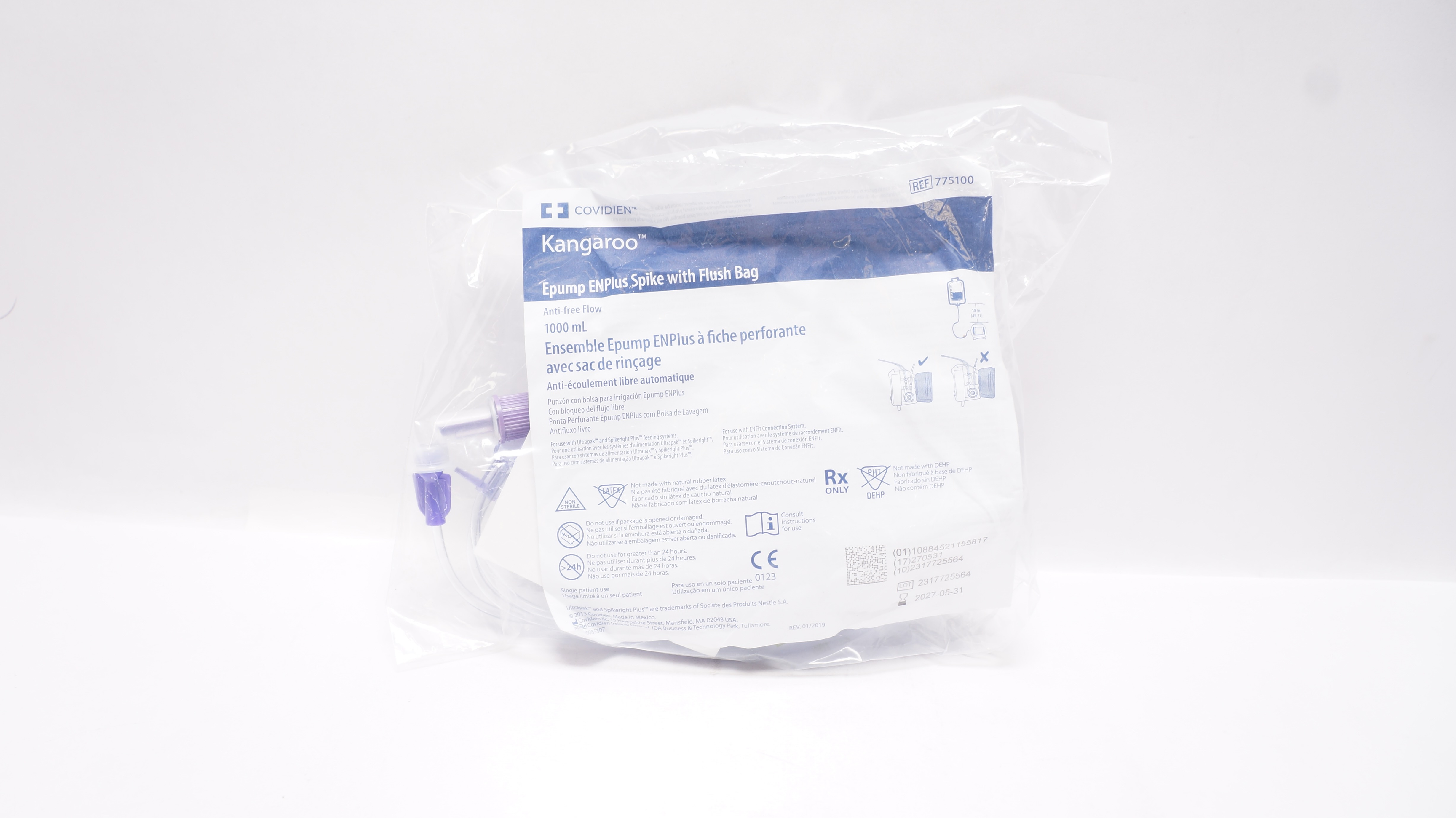 Covidien 775100 Kangaroo Epump ENPlus Spike with Flush Bag 1000mL