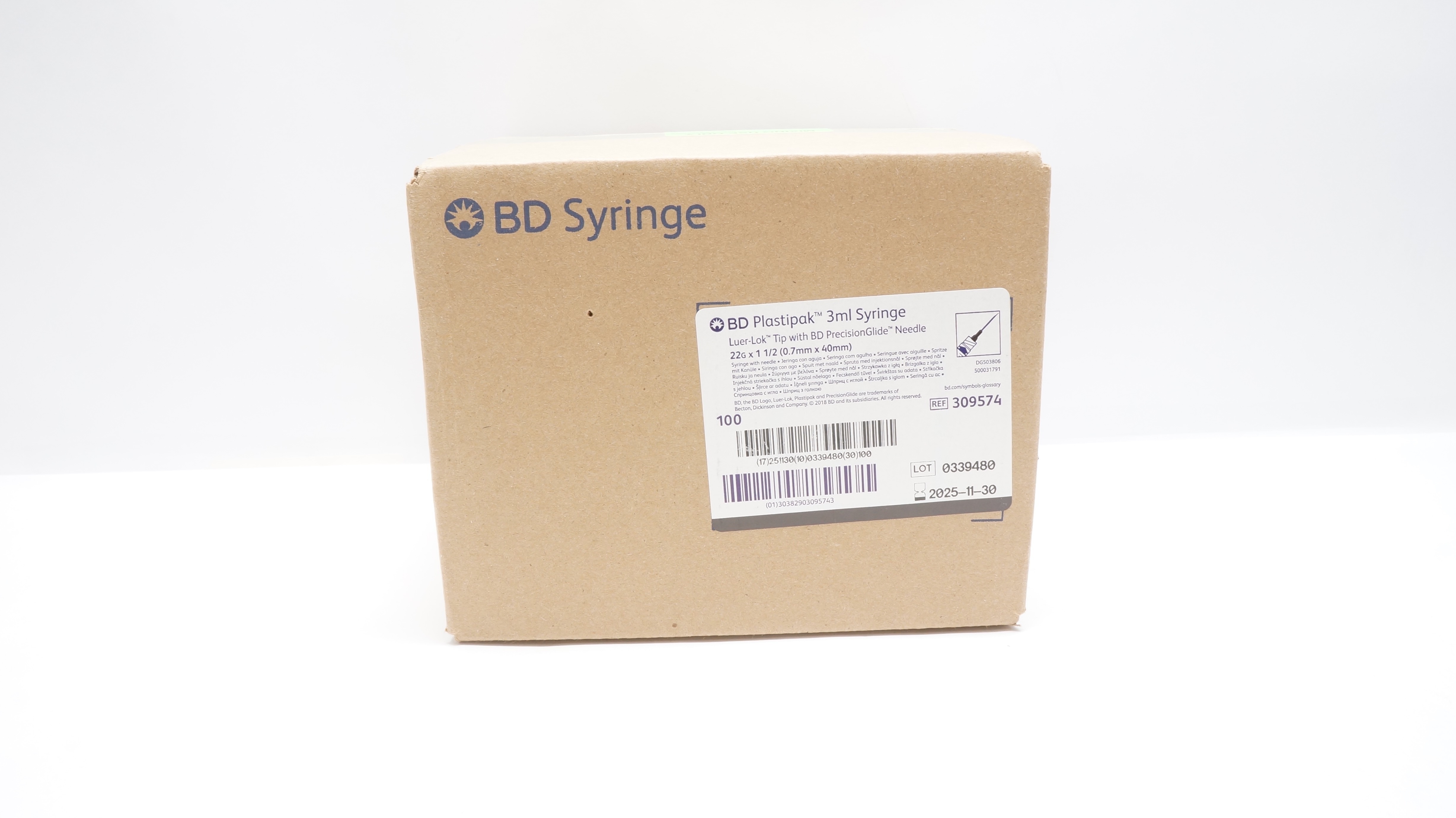 BD 309574 3ml Syringe Luer-Lok Tip W/BD PrecisionGlide Ndle 22Gx1-1/2-Box of 100