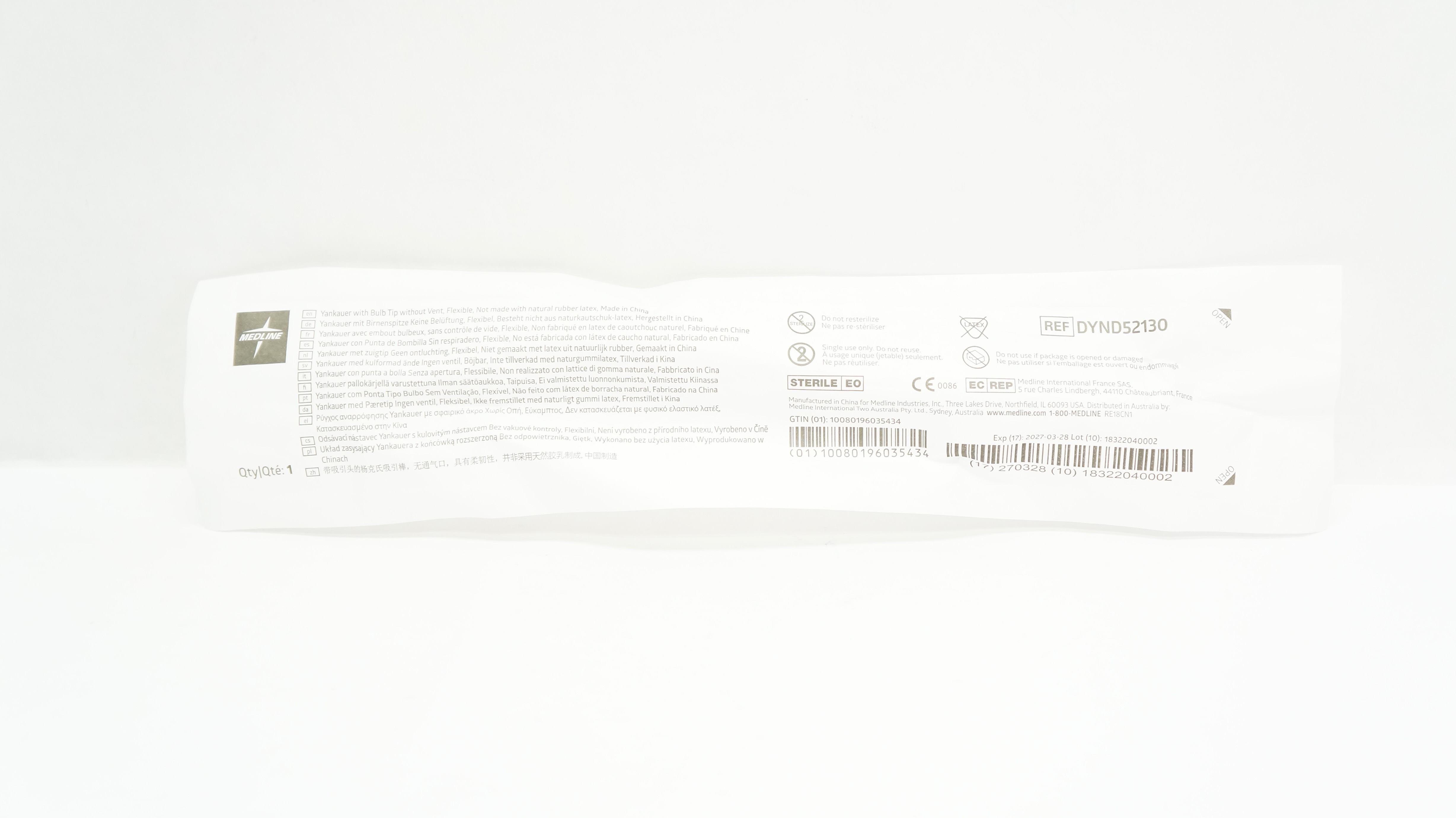 Medline DYND52130 Yankauer With Bulb Tip Without Vent Flexible