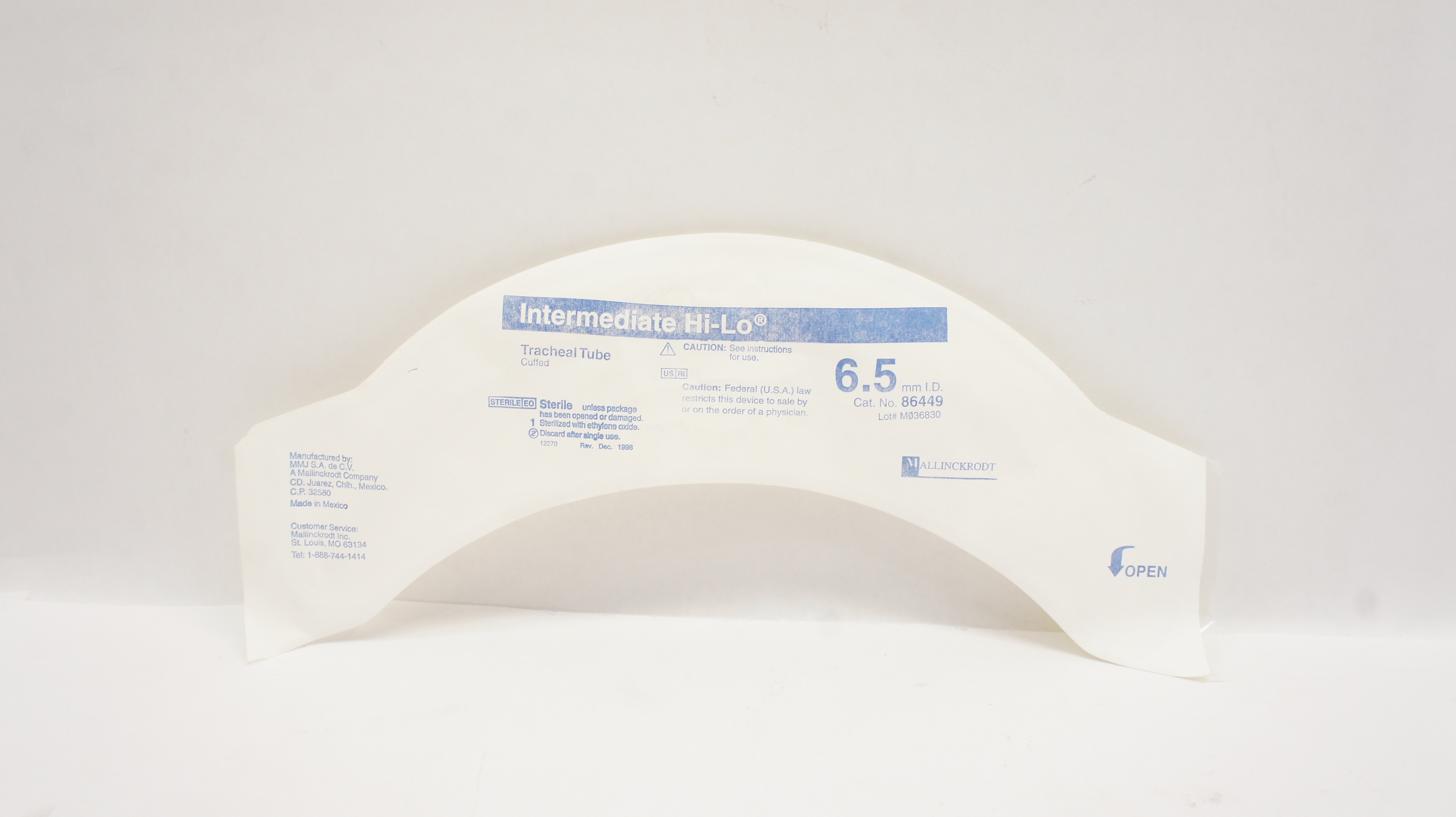 Mallinckrodt 86449 Intermediate Hi-Lo Tracheal Tube Cuffed 6.5mm I.D.