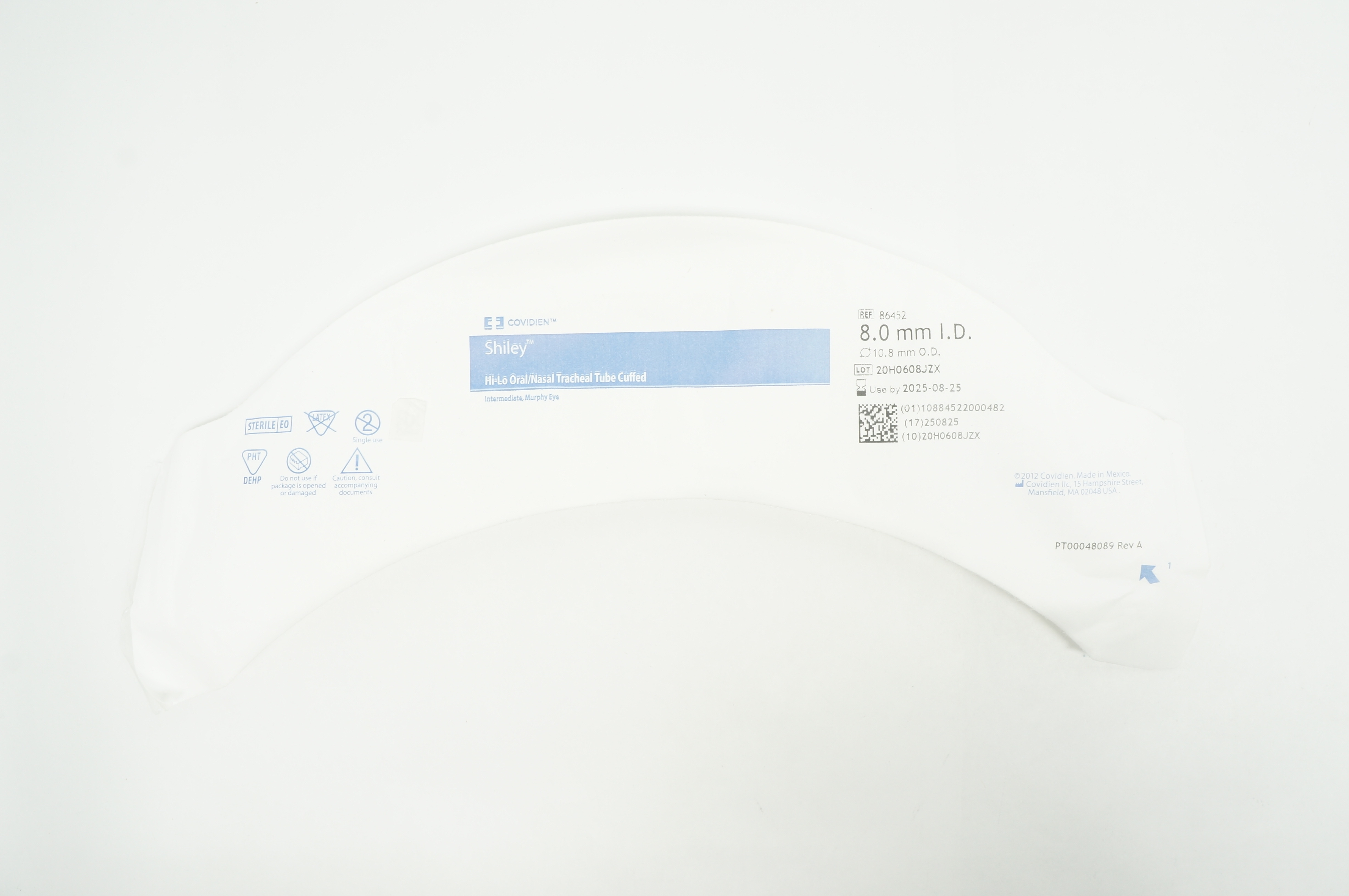 Covidien 86452 Shiley Hi-Lo Oral/Nasal Tracheal Tube Cuffed 8.0mm ID x 10.8mm OD