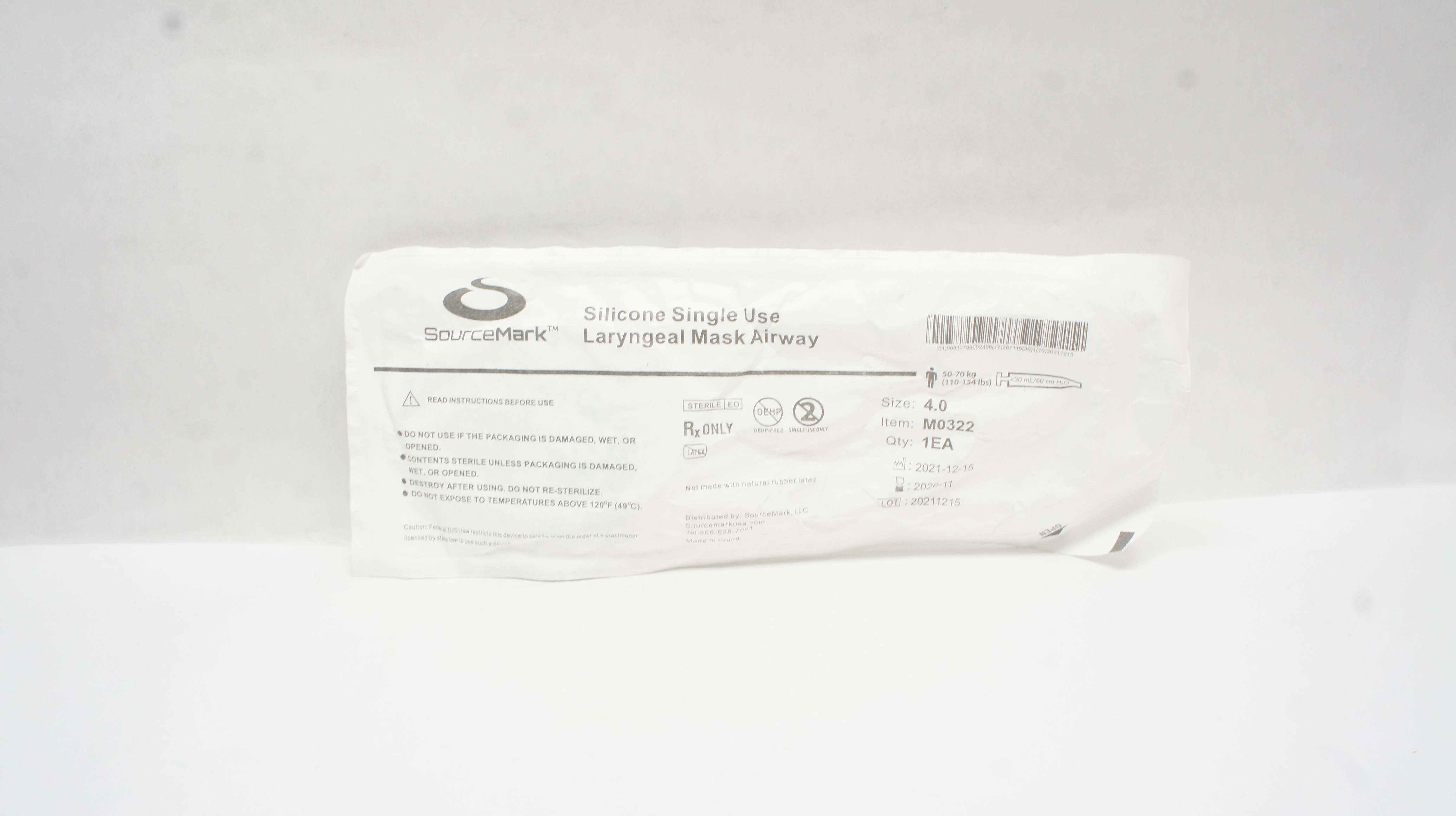 SourseMark M0322 Laryngeal Mask Airway Size 4.0 (110-154 lbs) < 30mL/60cm H2O