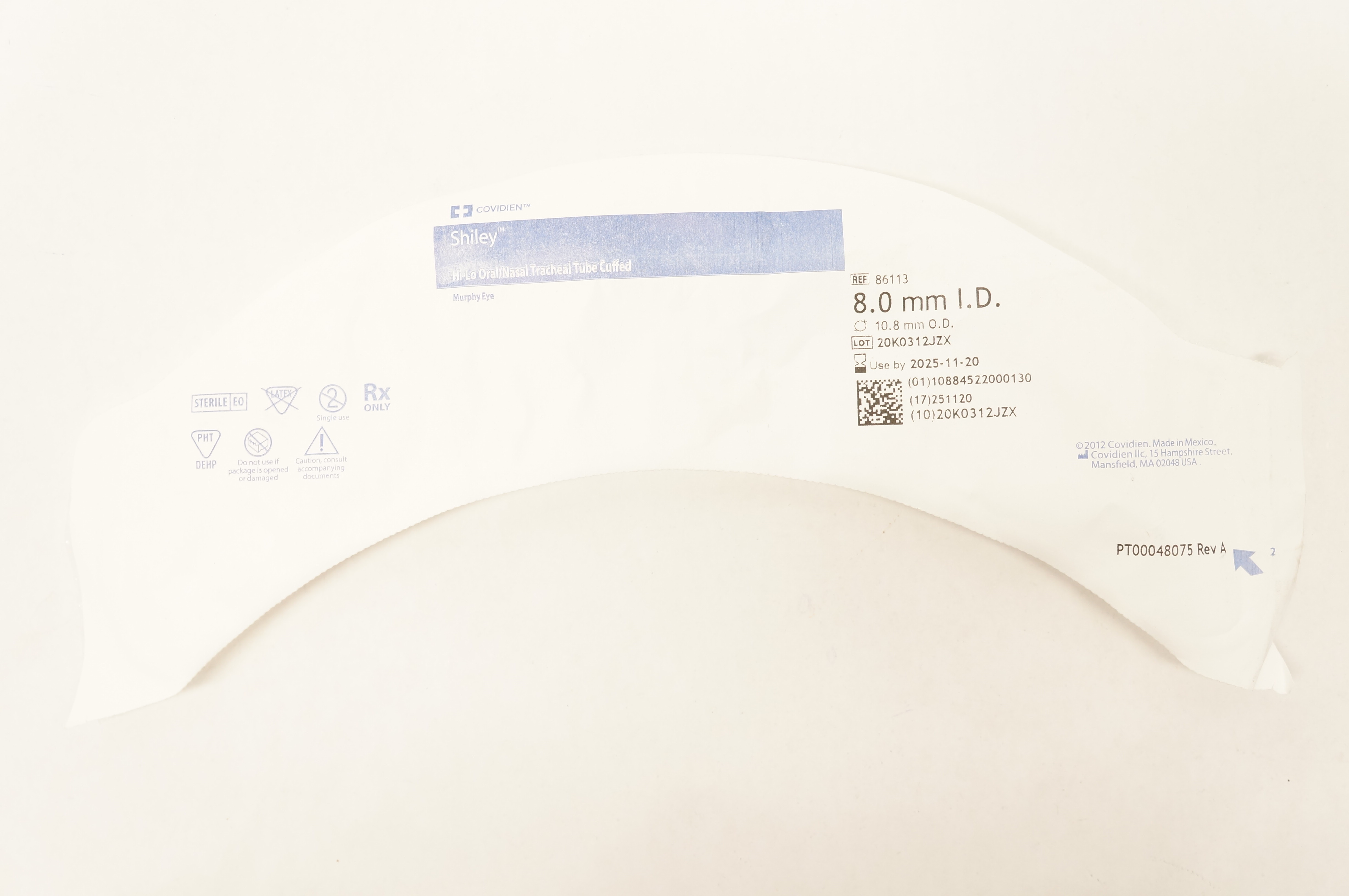 Covidien 86113 Shiley Hi-Lo Oral/Nasal Tracheal Tube 8.0 ID x 10.8mm OD