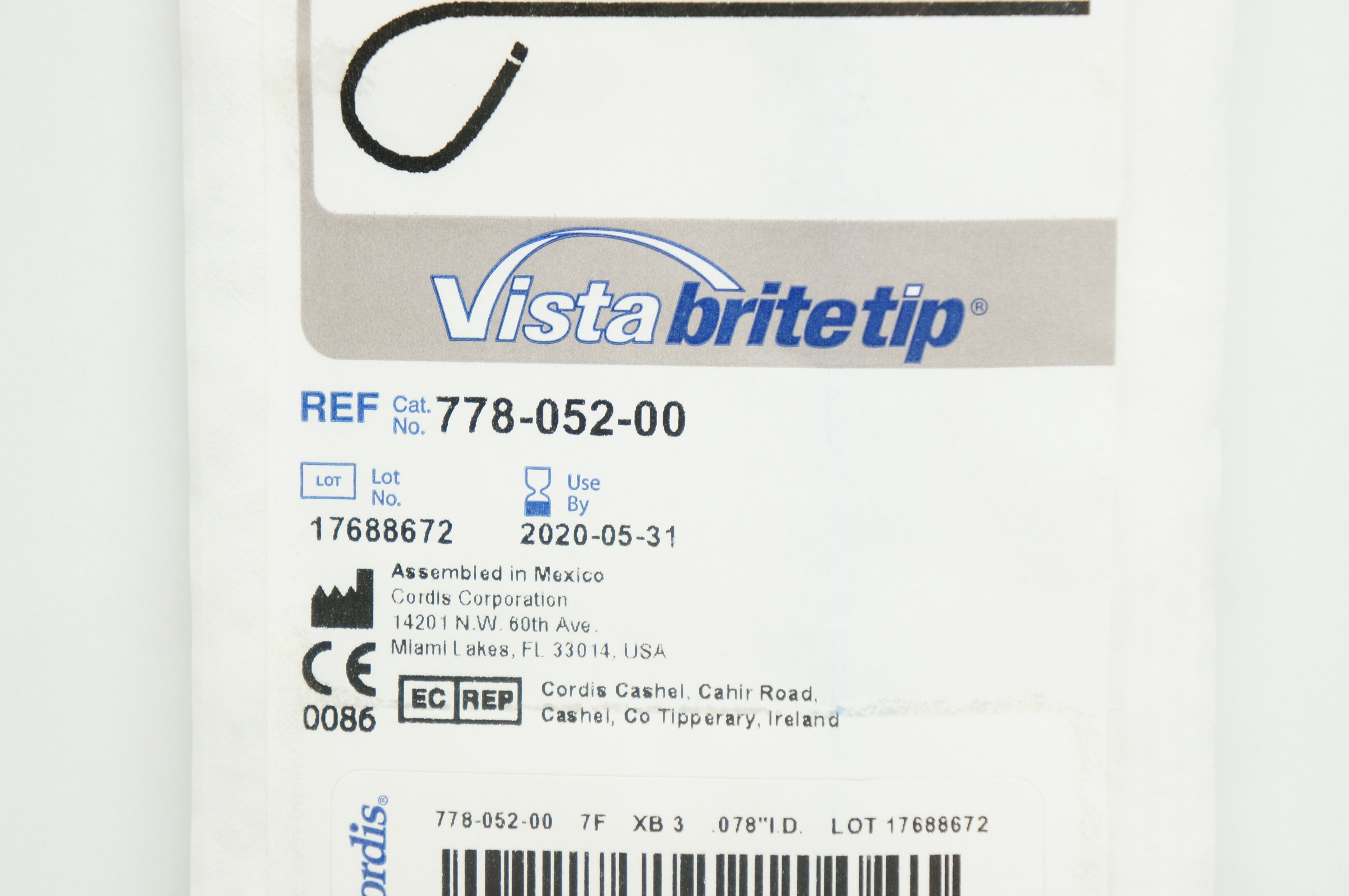 Cordis 778-052-00 Vista Brite Tip Guiding Cath. XB3, 7F x 100cm (x)