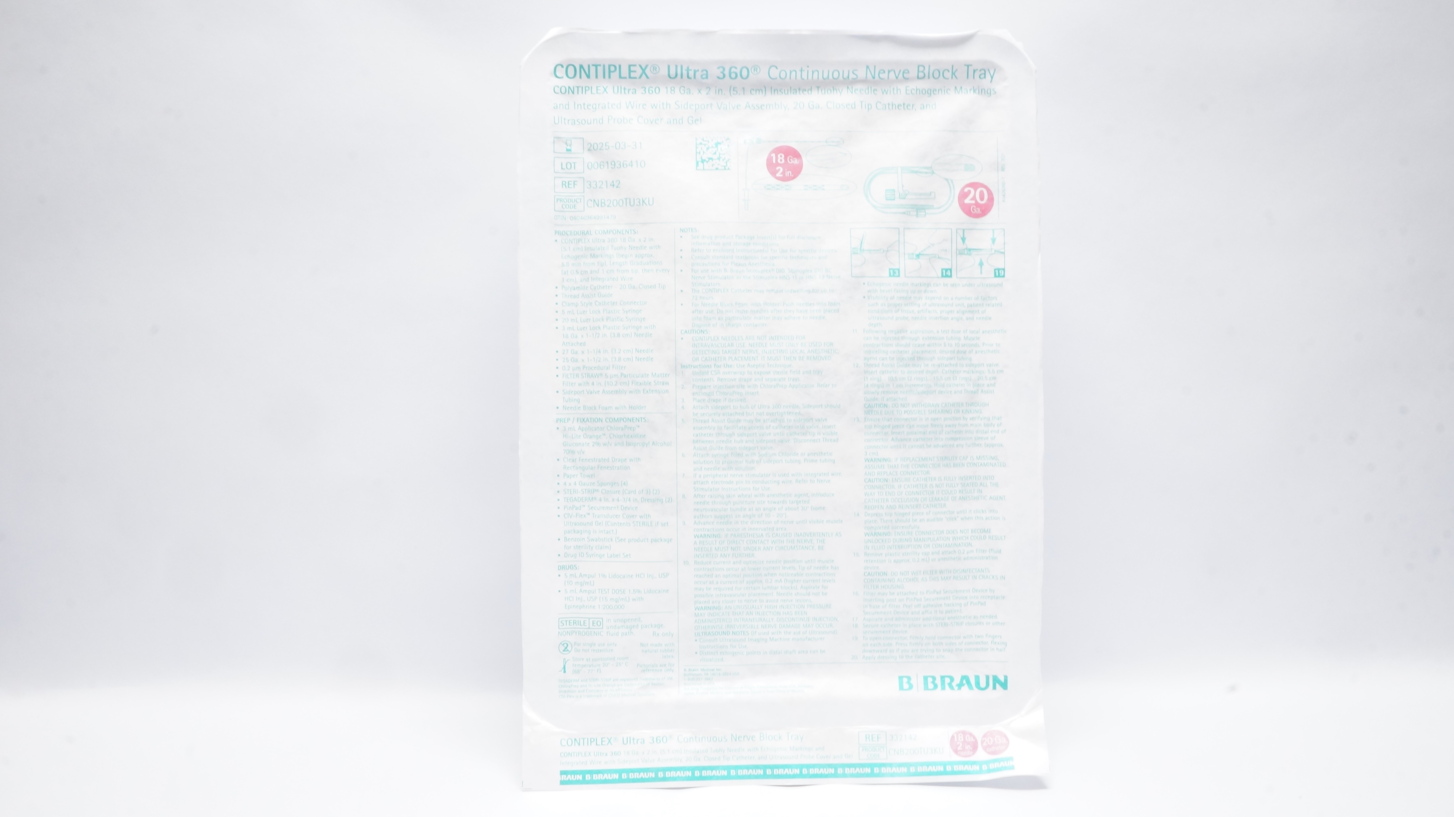 B.Braun 332142 Contiplex Ultra 360 Continuous Nerve Block Tray Kit 18Ga x 2inch