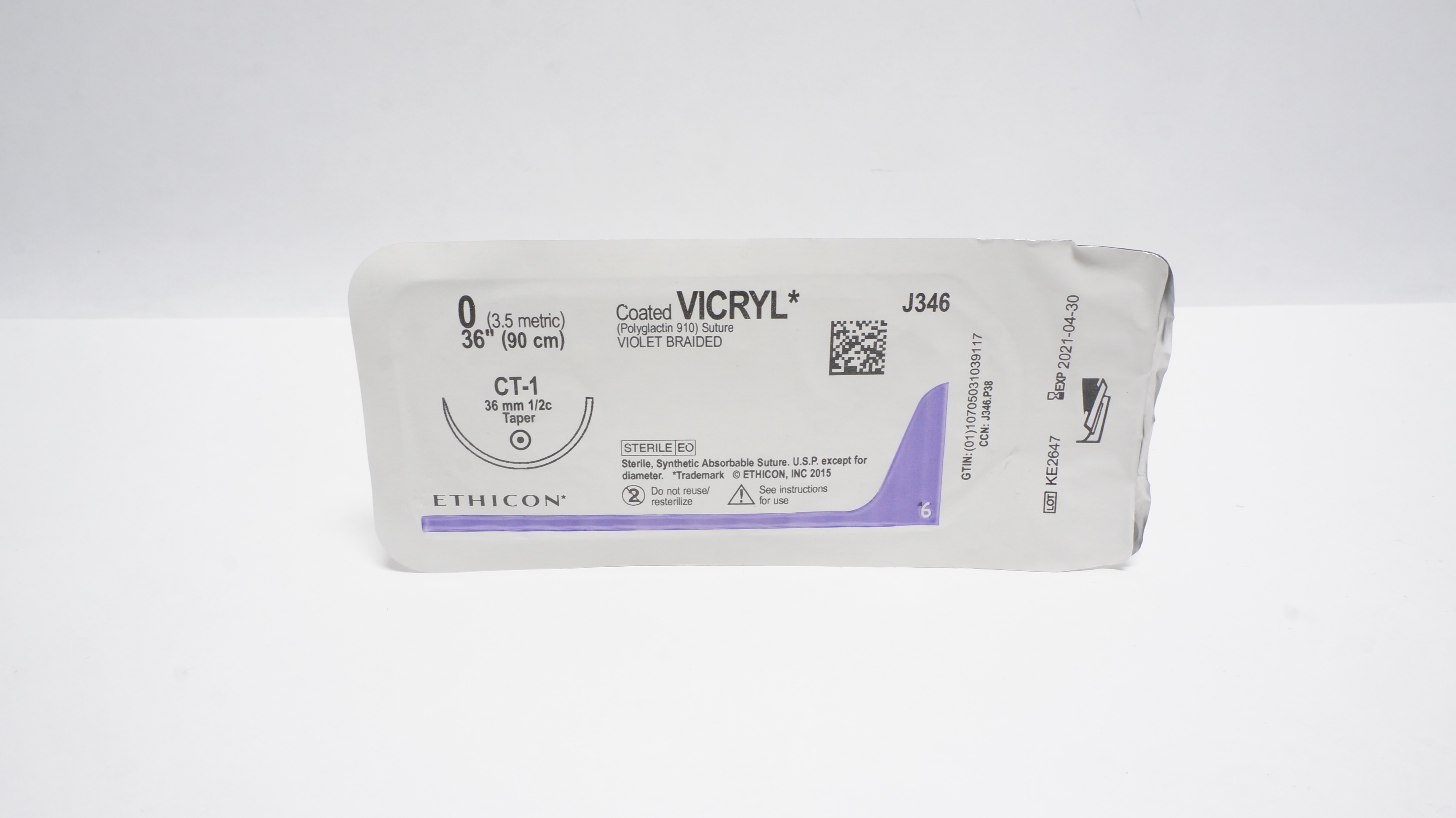 Ethicon J346 0 Coated VICRYL Stre Violet Braided CT-1 36mm 1/2c Taper, 36inch(x)