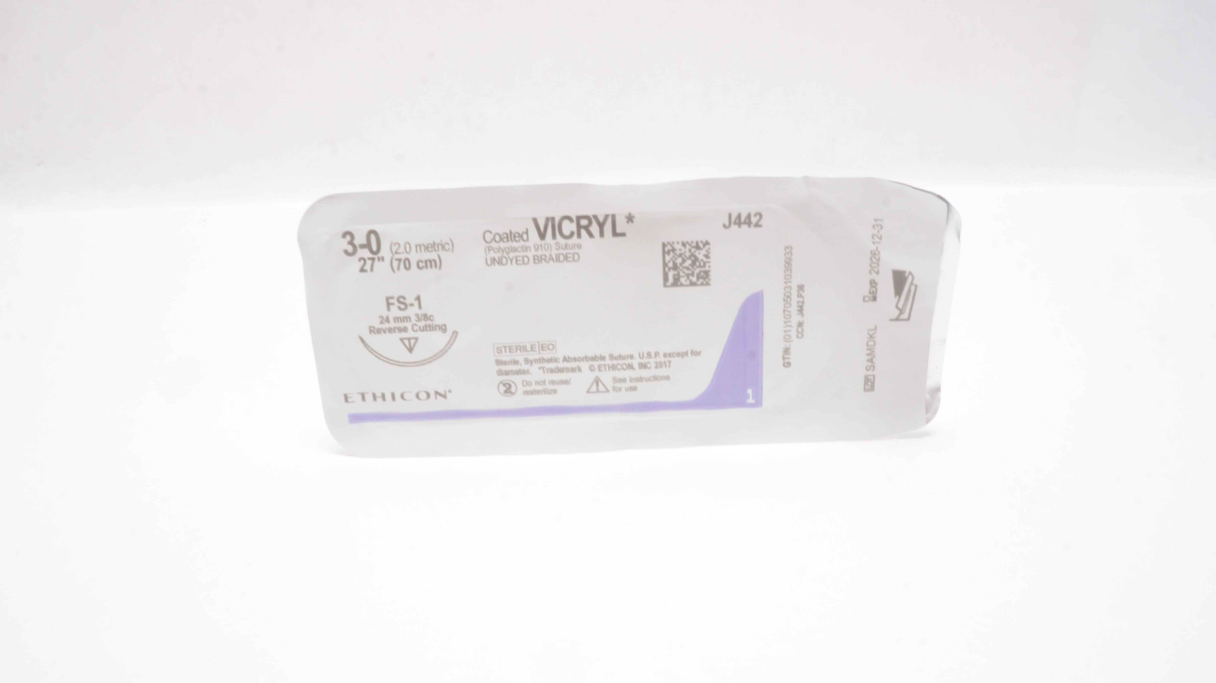 Ethicon J442 3-0 Coated VICRYL, FS-1, 24mm 3/8c Reverse Cutting, 27inch