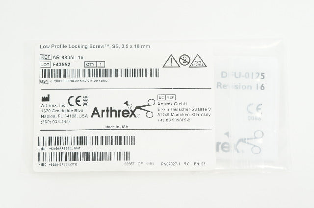 Arthrex AR-8835L-16 Low Profile Locking Screw, SS, 3.5 x 16mm